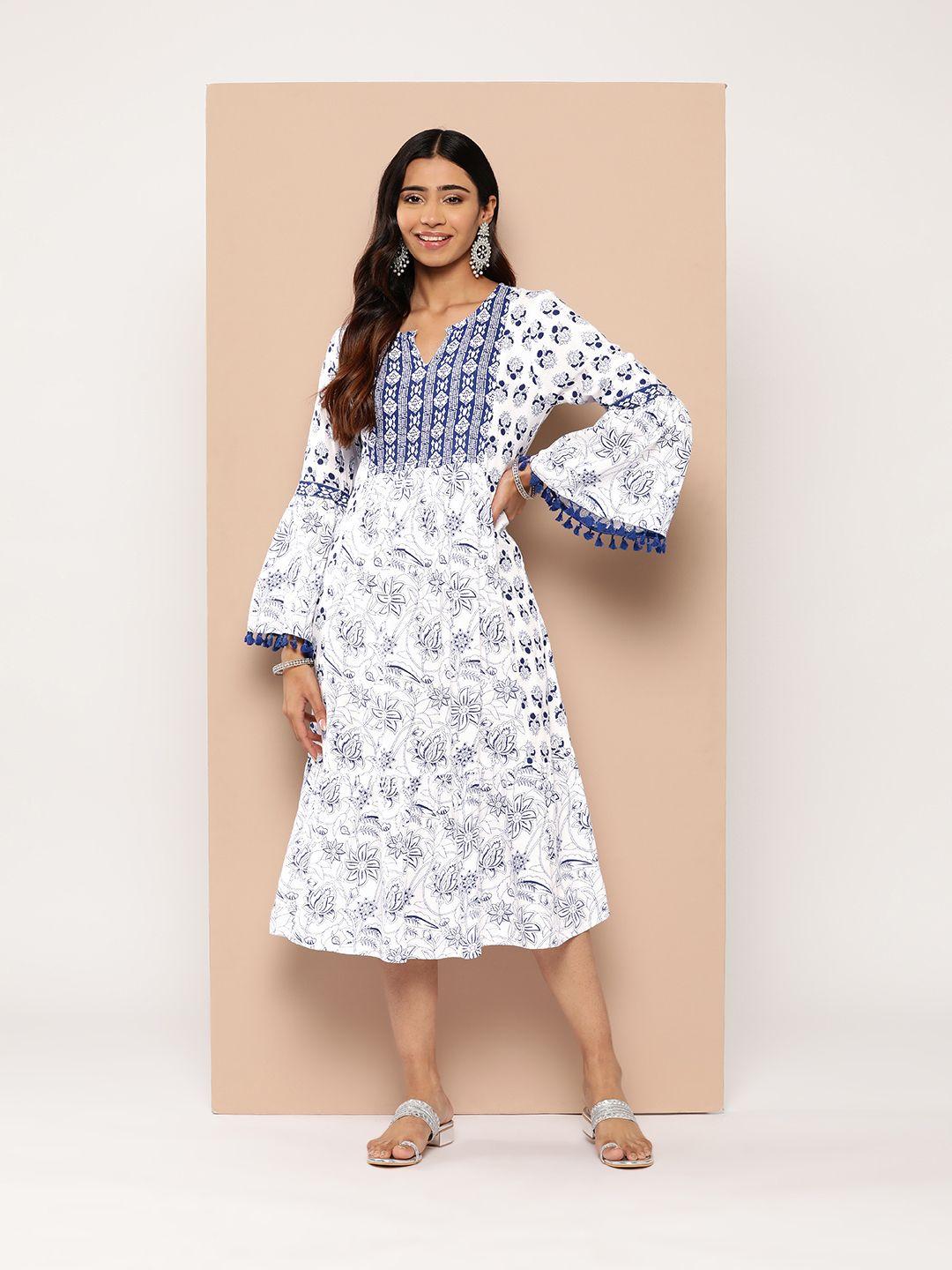 here&now ethnic motifs print bell sleeves a-line midi dress