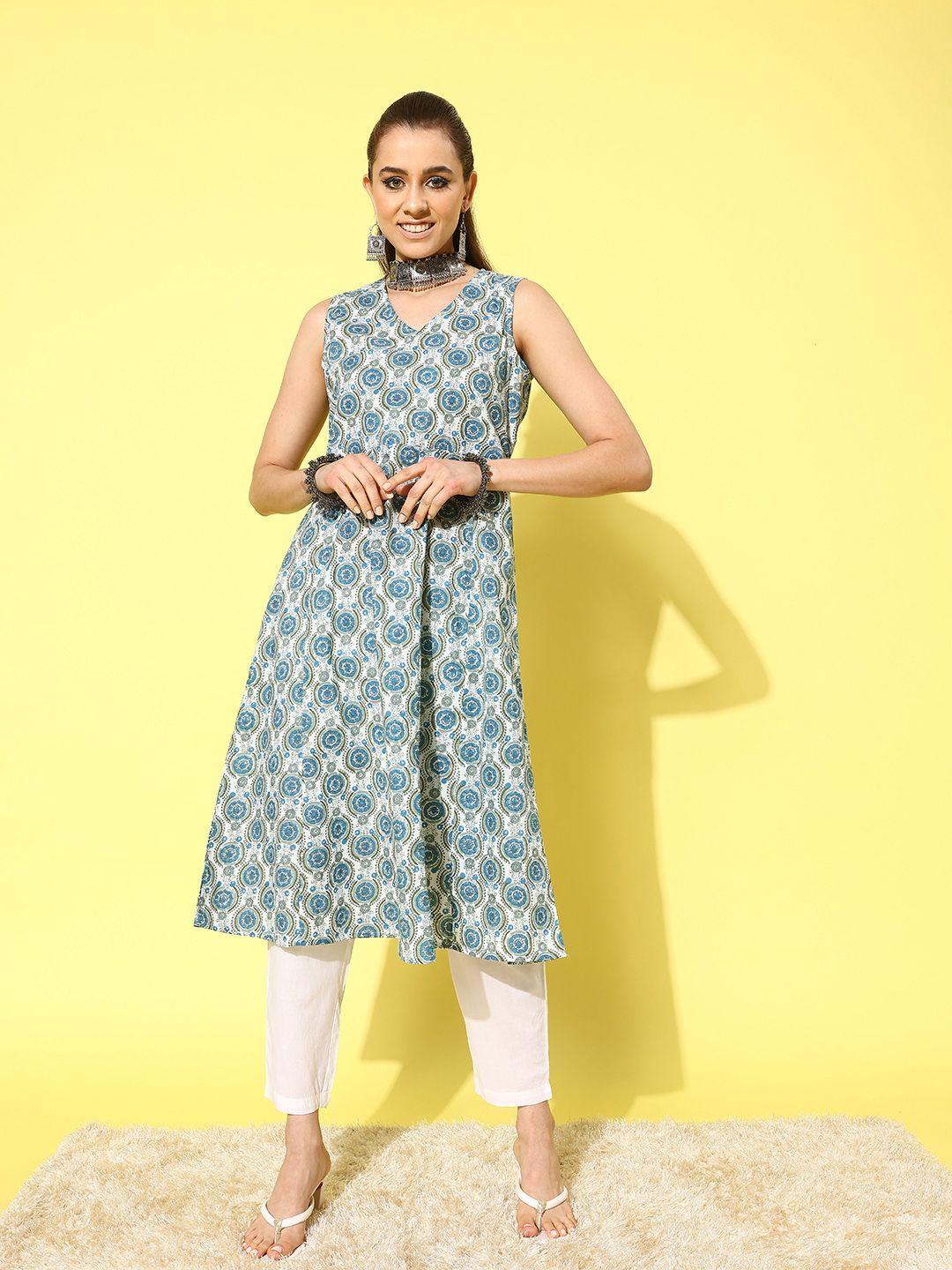 here&now ethnic motifs print cotton kurta with trousers