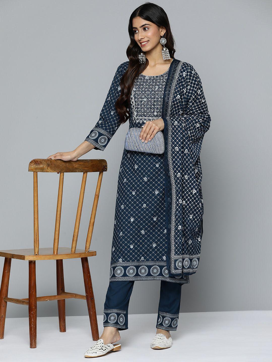 here&now ethnic motifs print mirror work embroidery detail kurta set with dupatta