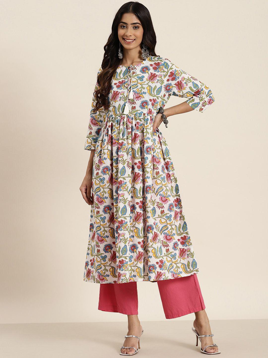 here&now ethnic motifs print pleated a-line pure cotton kurta