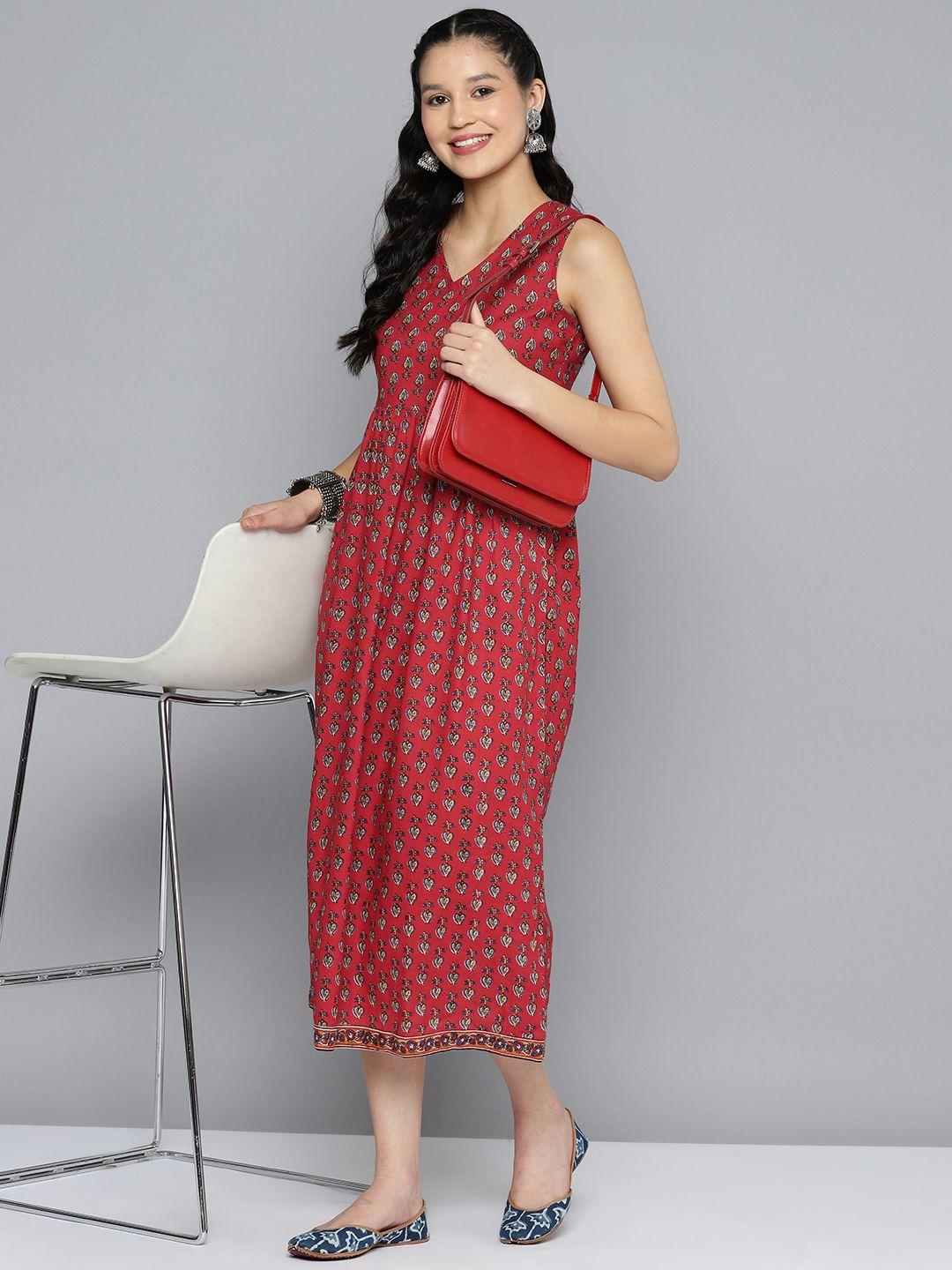 here&now ethnic motifs print pure cotton a-line midi dress