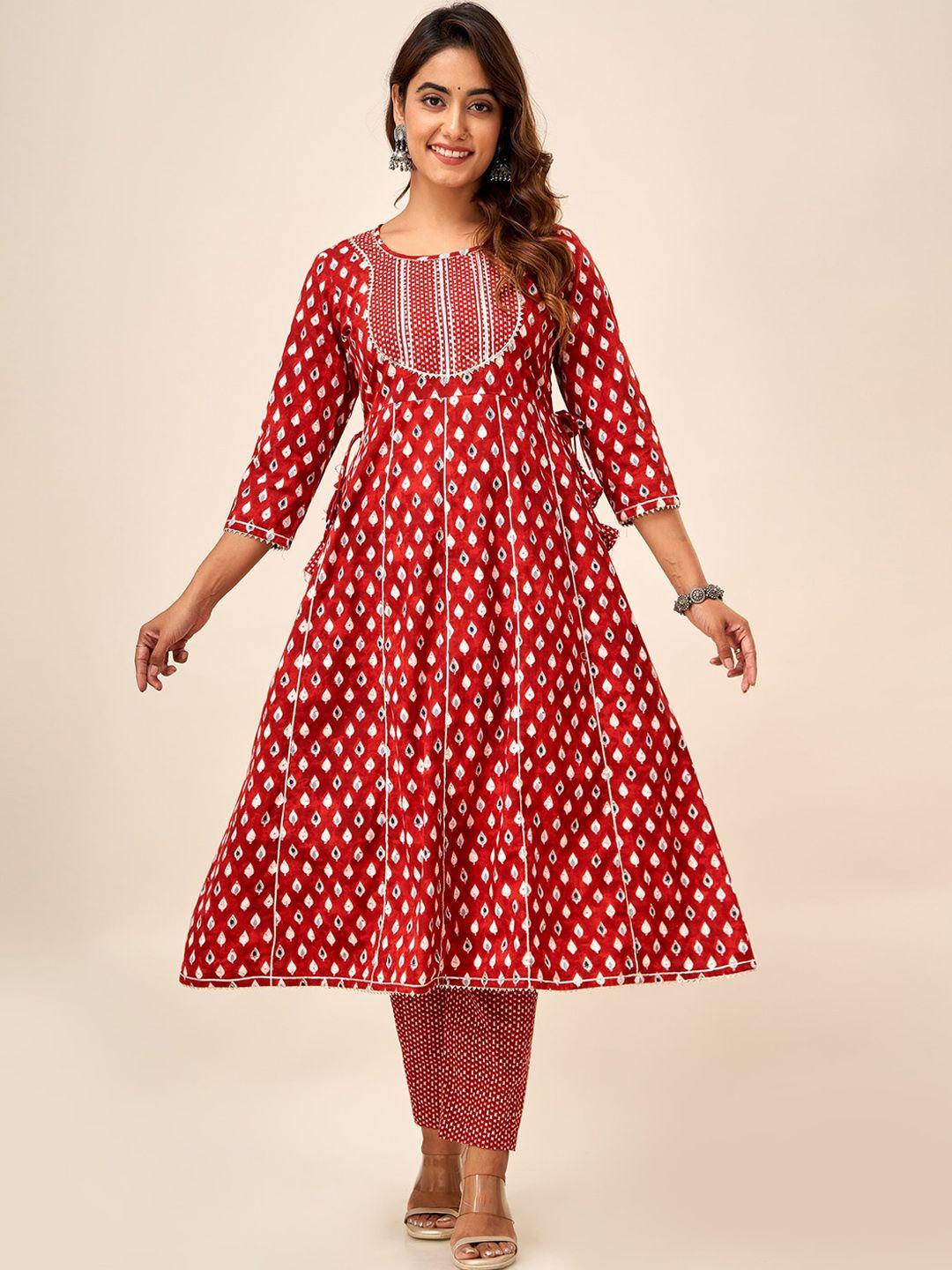 here&now ethnic motifs printed anarkali pure cotton kurta with trousers