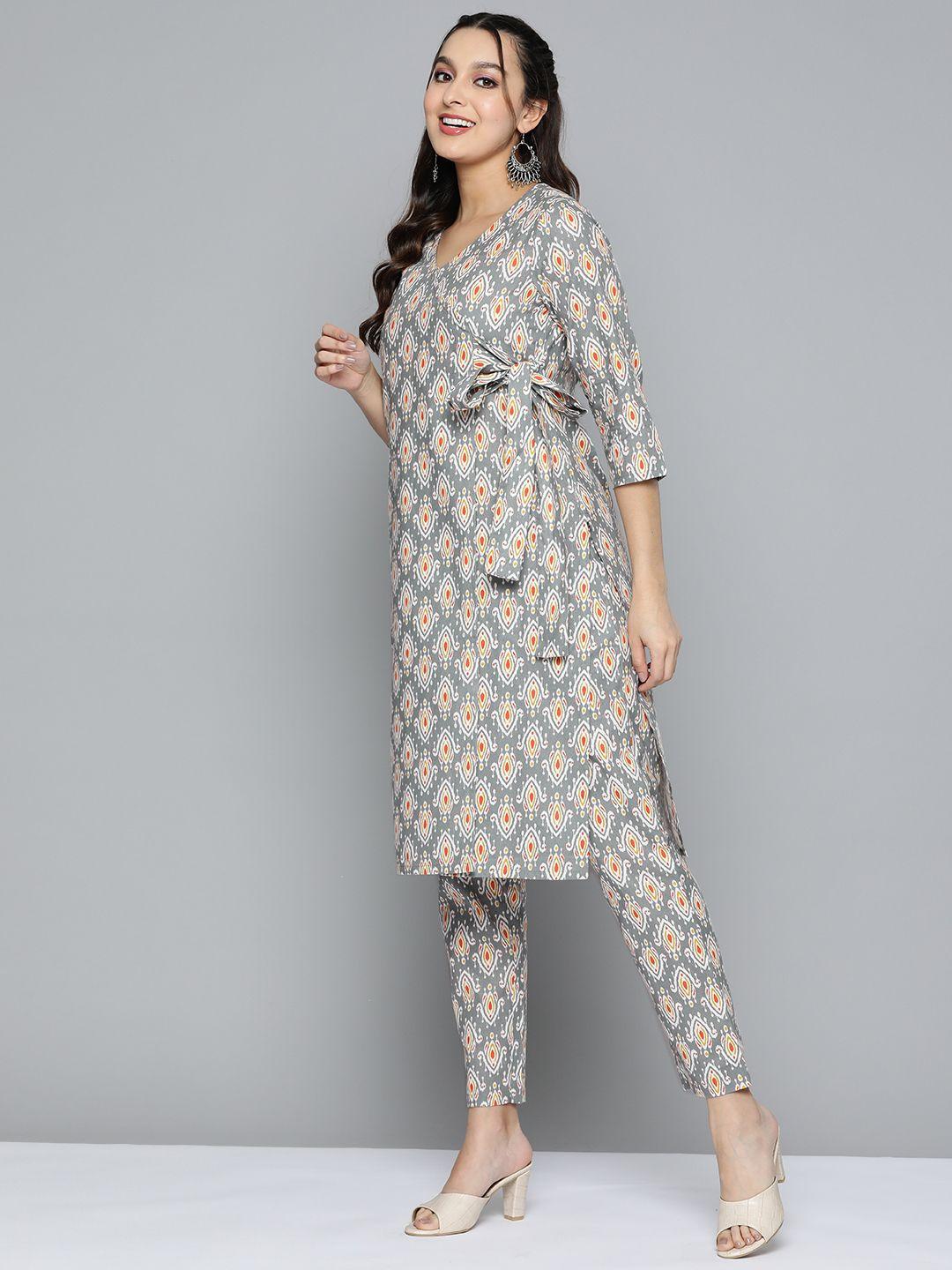 here&now ethnic motifs printed angrakha pure cotton kurta with trousers