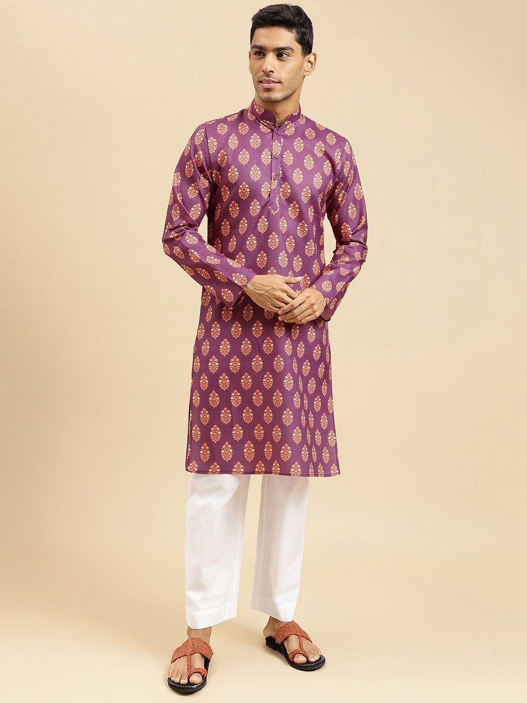 here&now ethnic motifs printed band collar cotton straight kurta