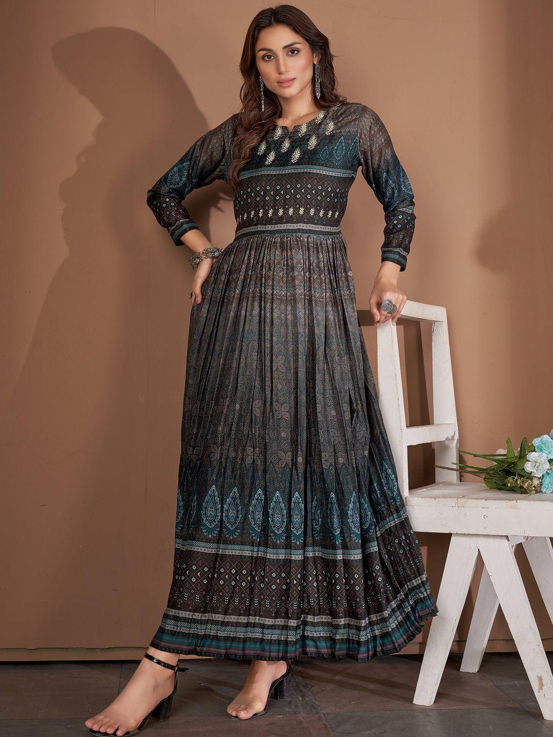 here&now ethnic motifs printed gathered fit & flare ethnic dress