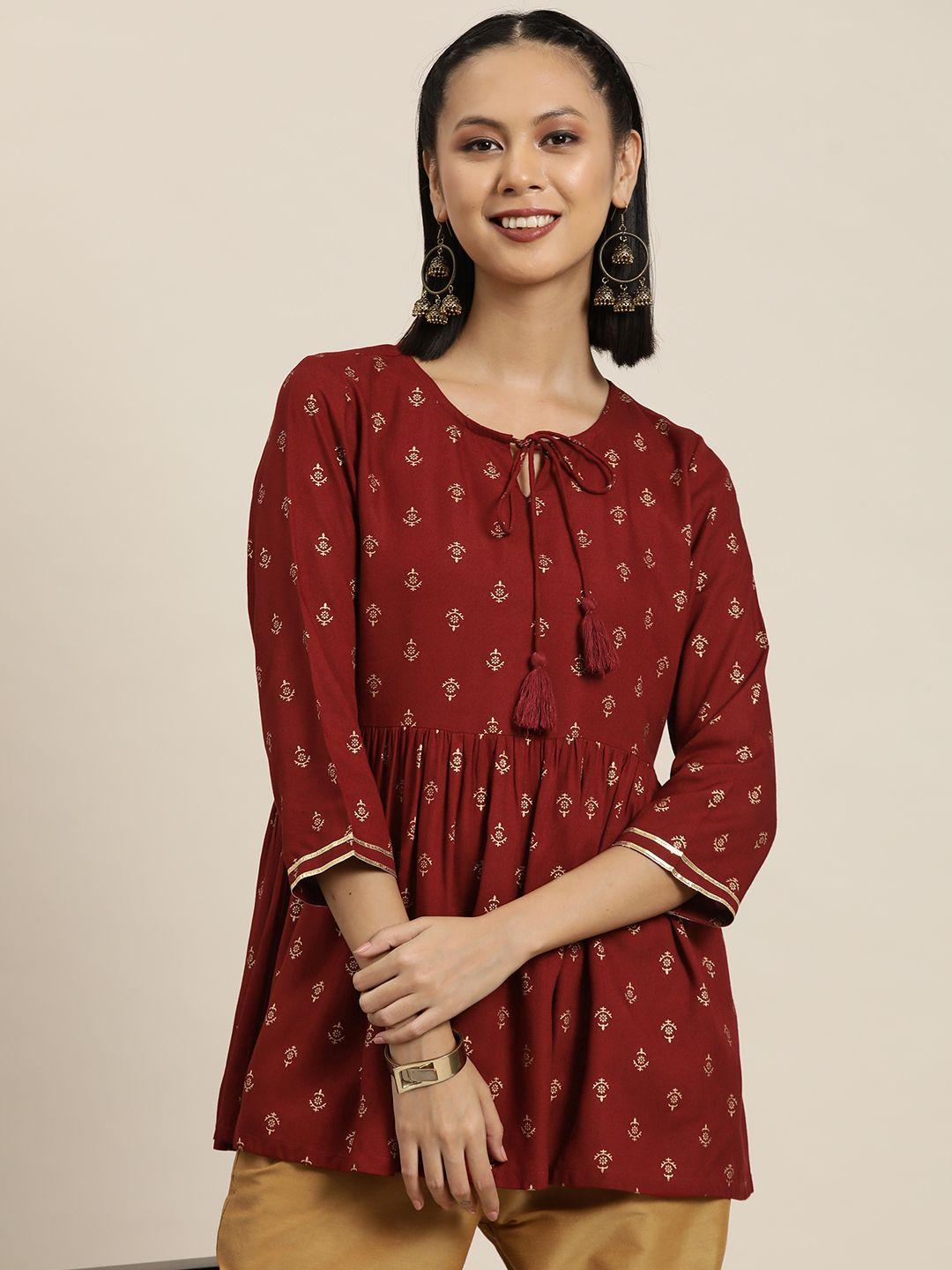 here&now ethnic motifs printed gotta patti pure cotton pleated kurti