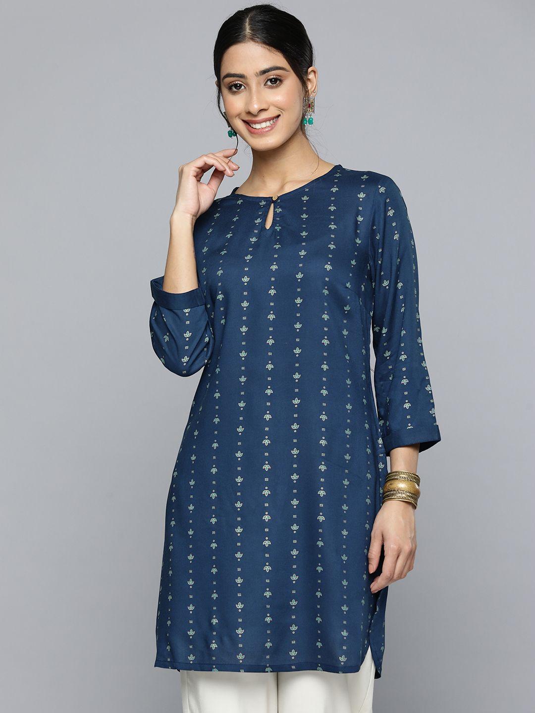 here&now ethnic motifs printed keyhole neck fit & flare kurti
