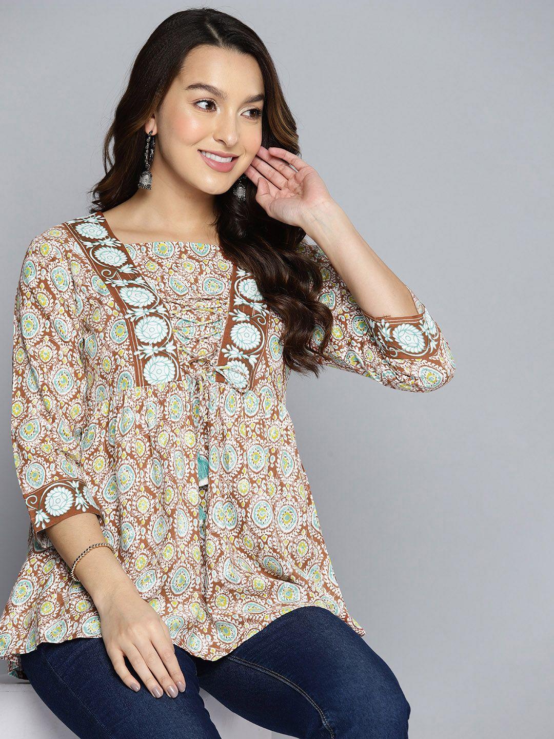 here&now ethnic motifs printed lace-up detailed pure cotton kurti