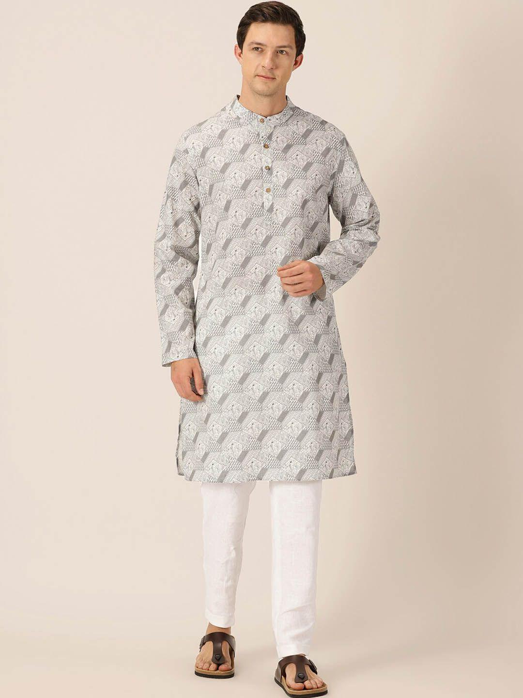 here&now ethnic motifs printed mandarin collar pure cotton straight kurta