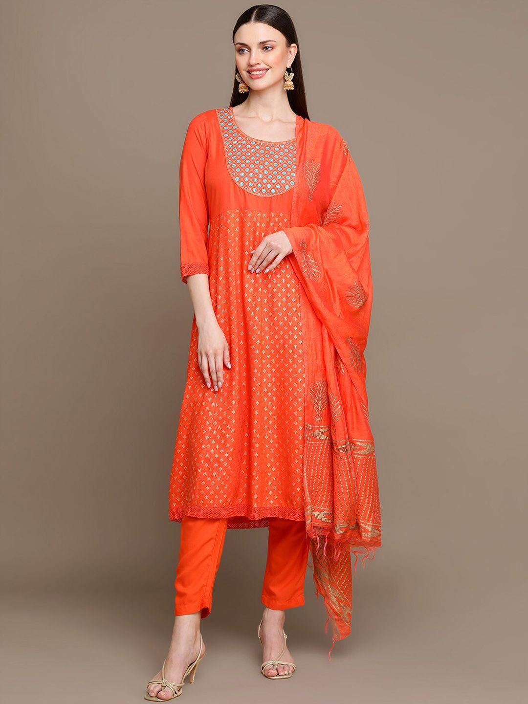 here&now ethnic motifs printed mirror work anarkali kurta with trousers & dupatta