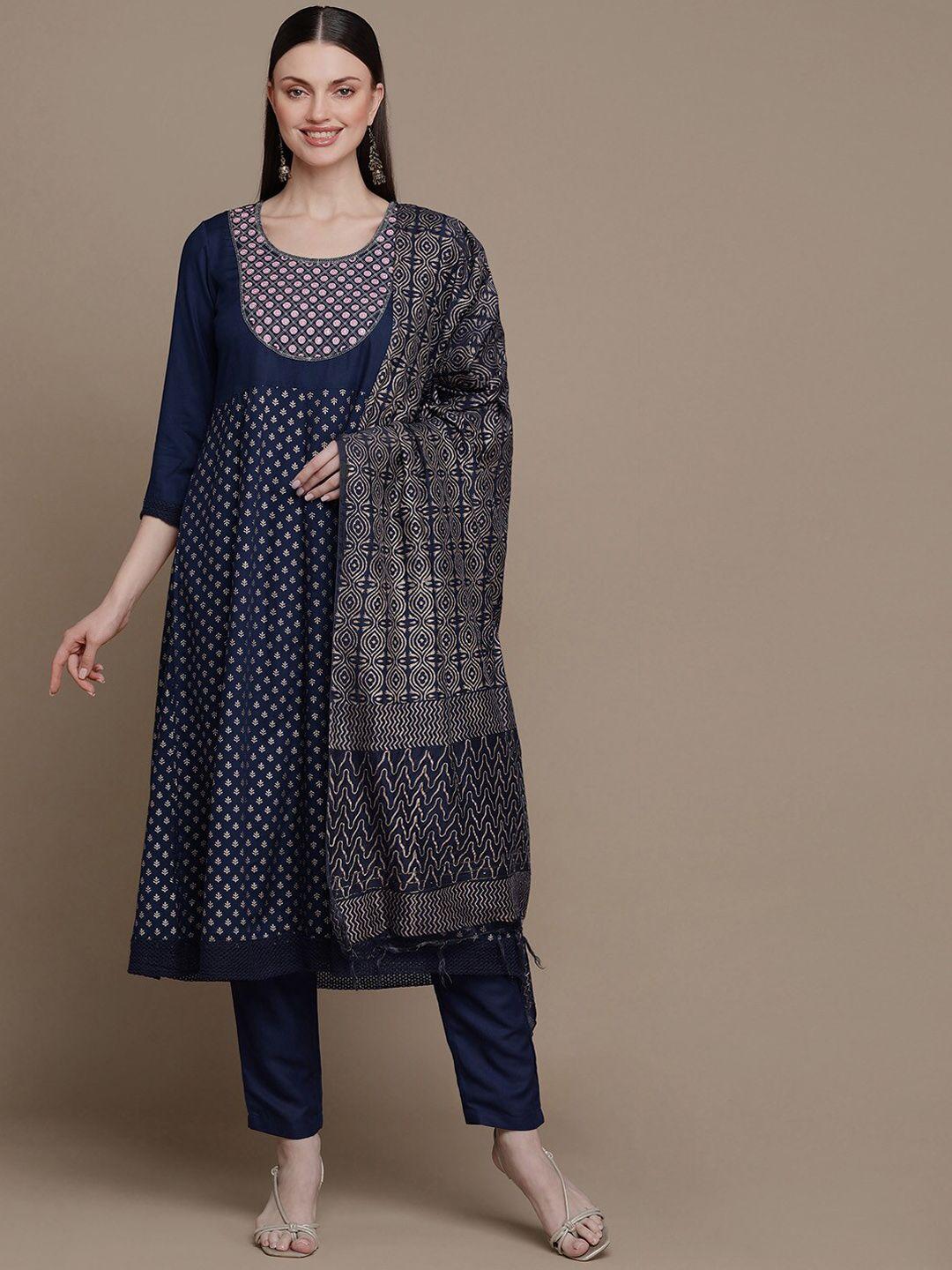 here&now ethnic motifs printed mirror work anarkali kurta with trousers & dupatta