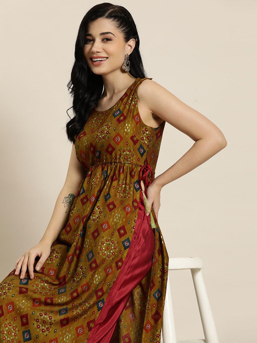 here&now ethnic motifs printed pleated fusion kurta with trousers