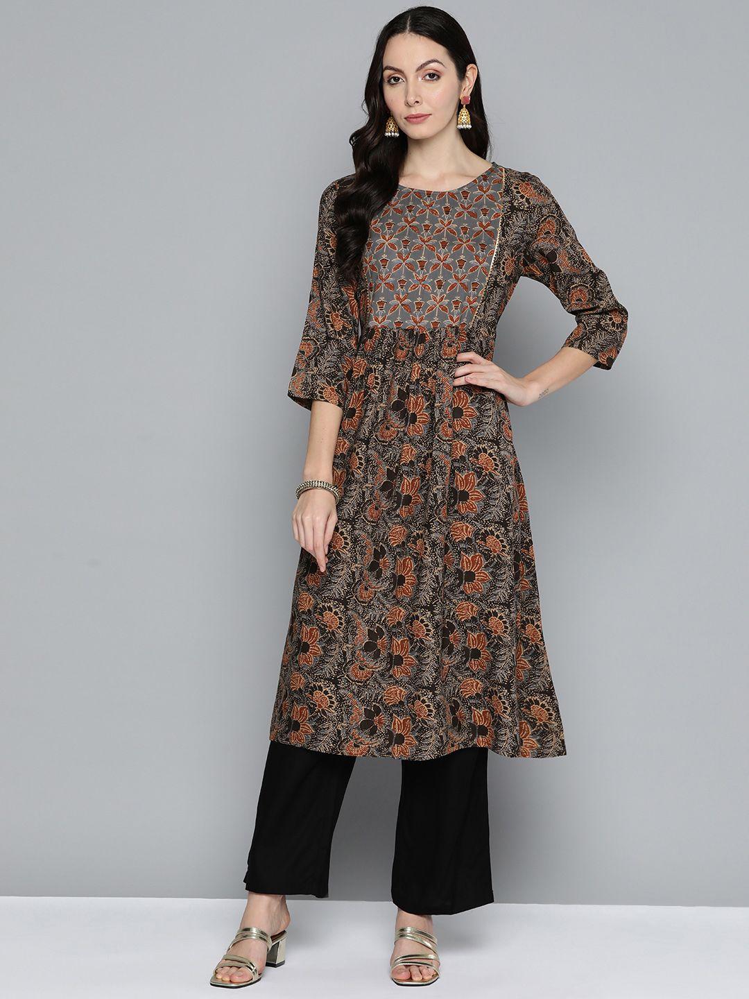 here&now ethnic motifs printed pleated kurta