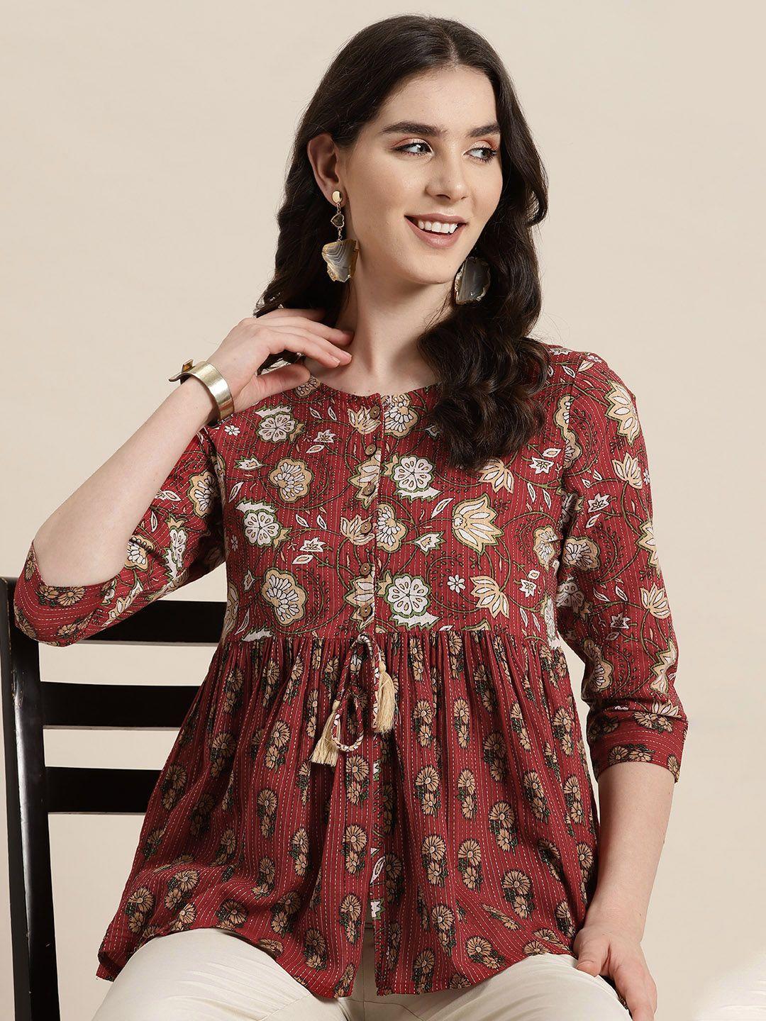 here&now ethnic motifs printed pleated kurti