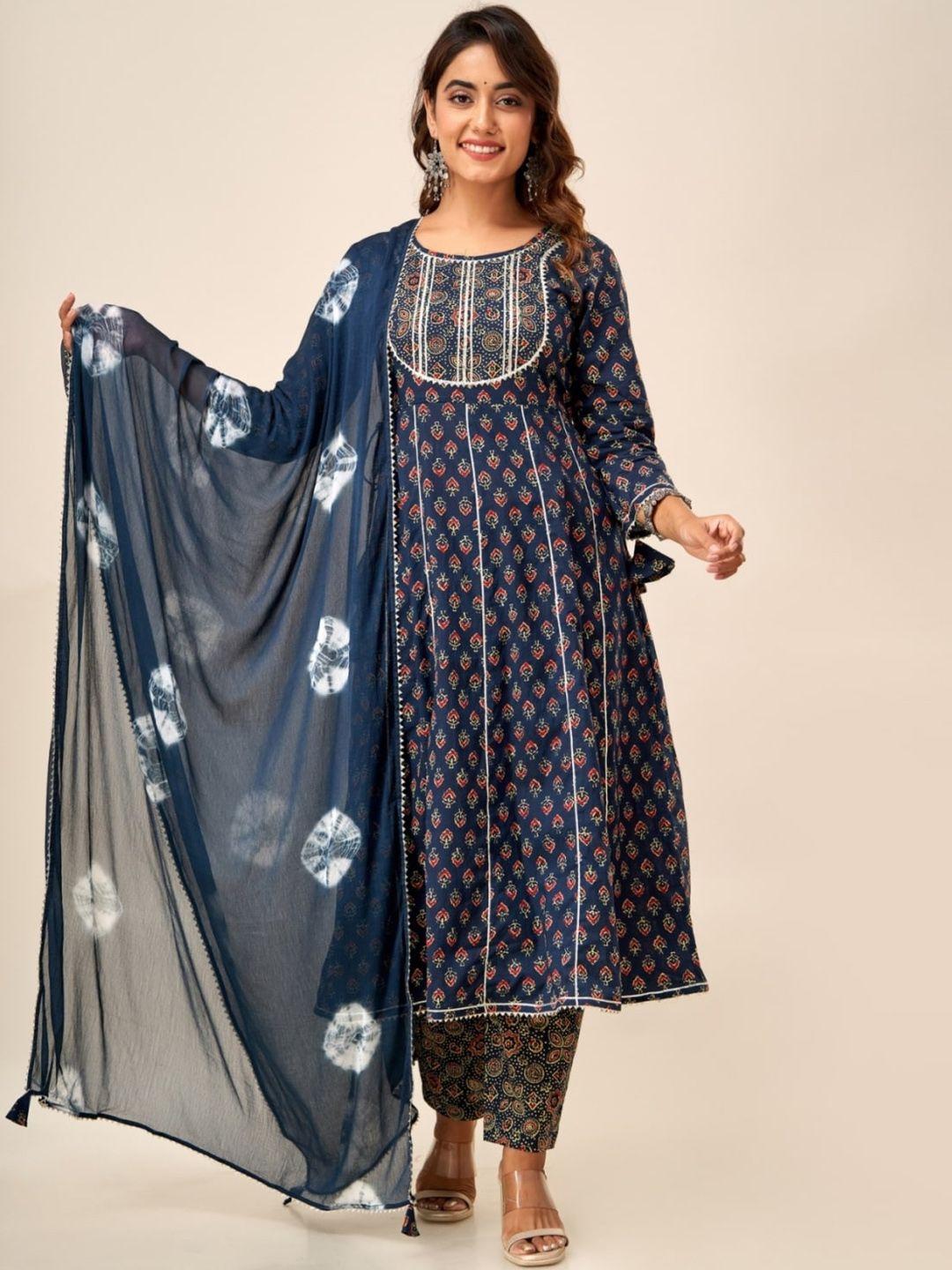 here&now ethnic motifs printed pure cotton a-line kurta with trousers & dupatta