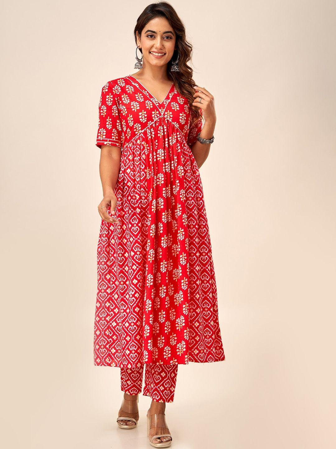here&now ethnic motifs printed pure cotton a-line kurta with trousers