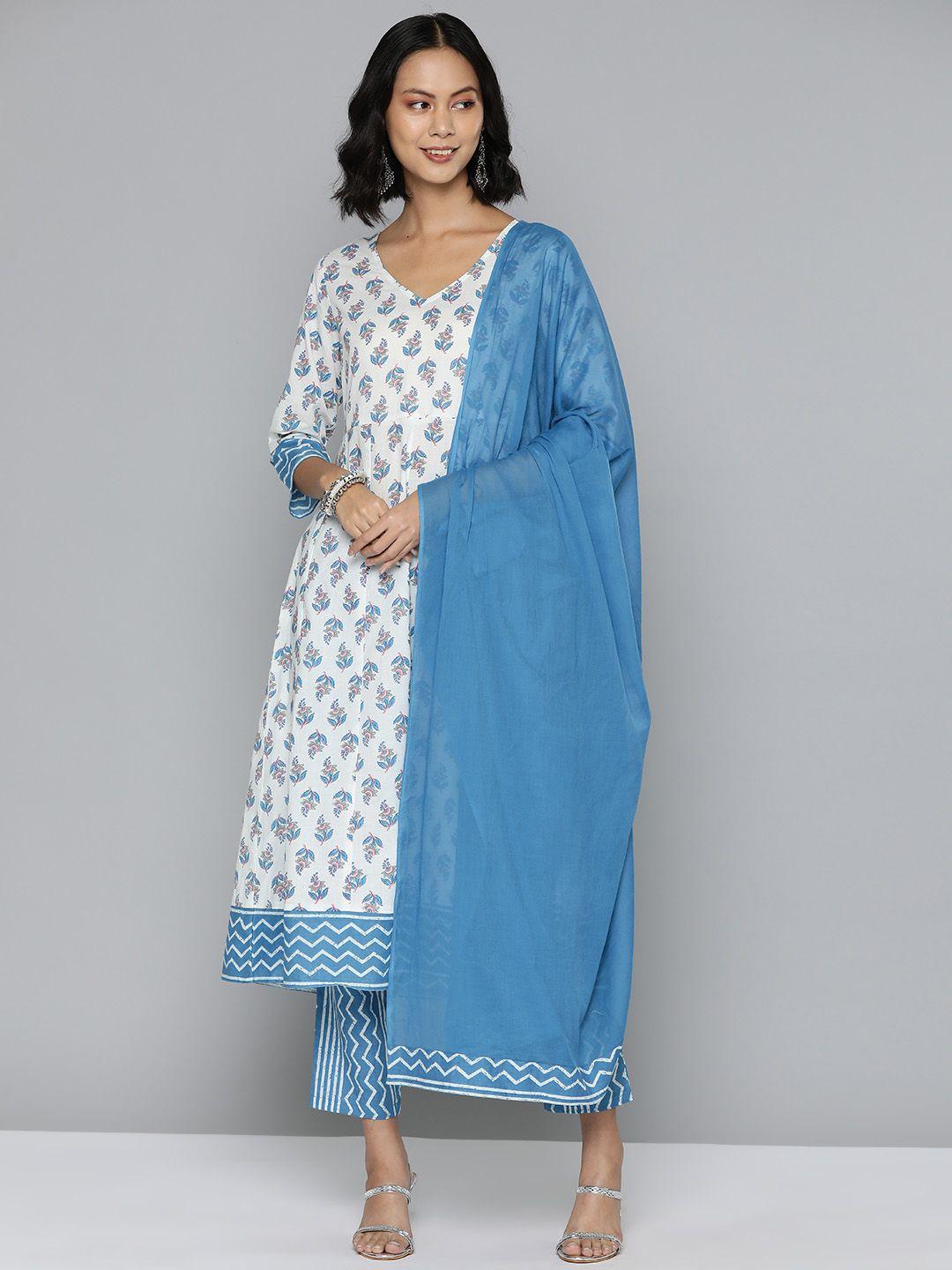 here&now ethnic motifs printed pure cotton kurta with trousers & dupatta