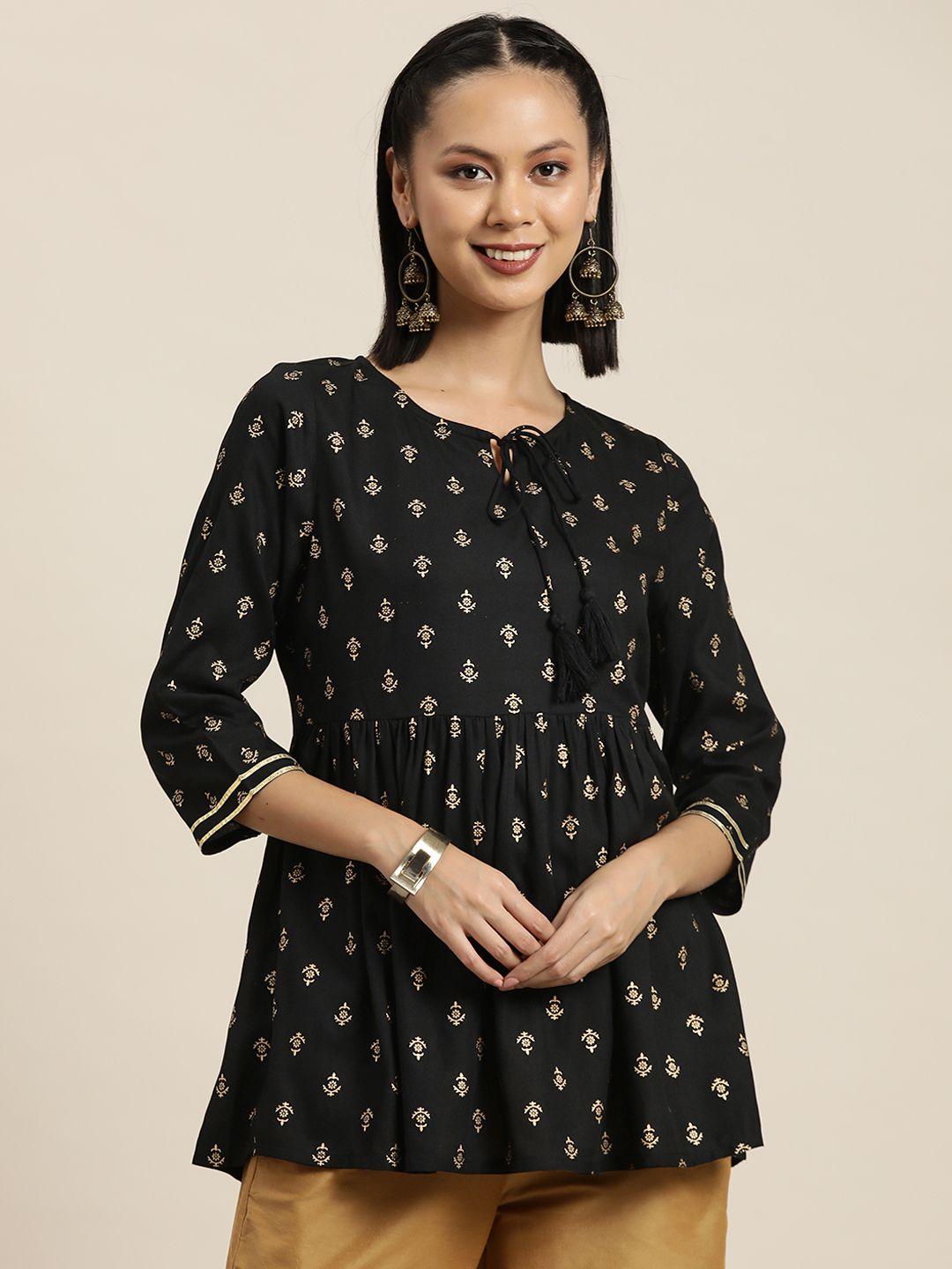 here&now ethnic motifs printed pure cotton pleated kurti