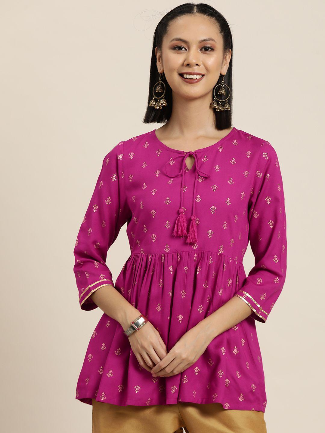 here&now ethnic motifs printed pure cotton pleated kurti