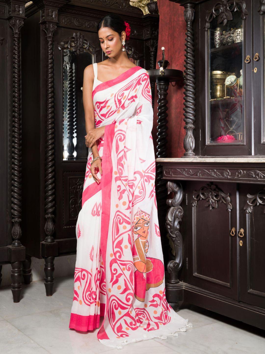 here&now ethnic motifs printed pure cotton saree