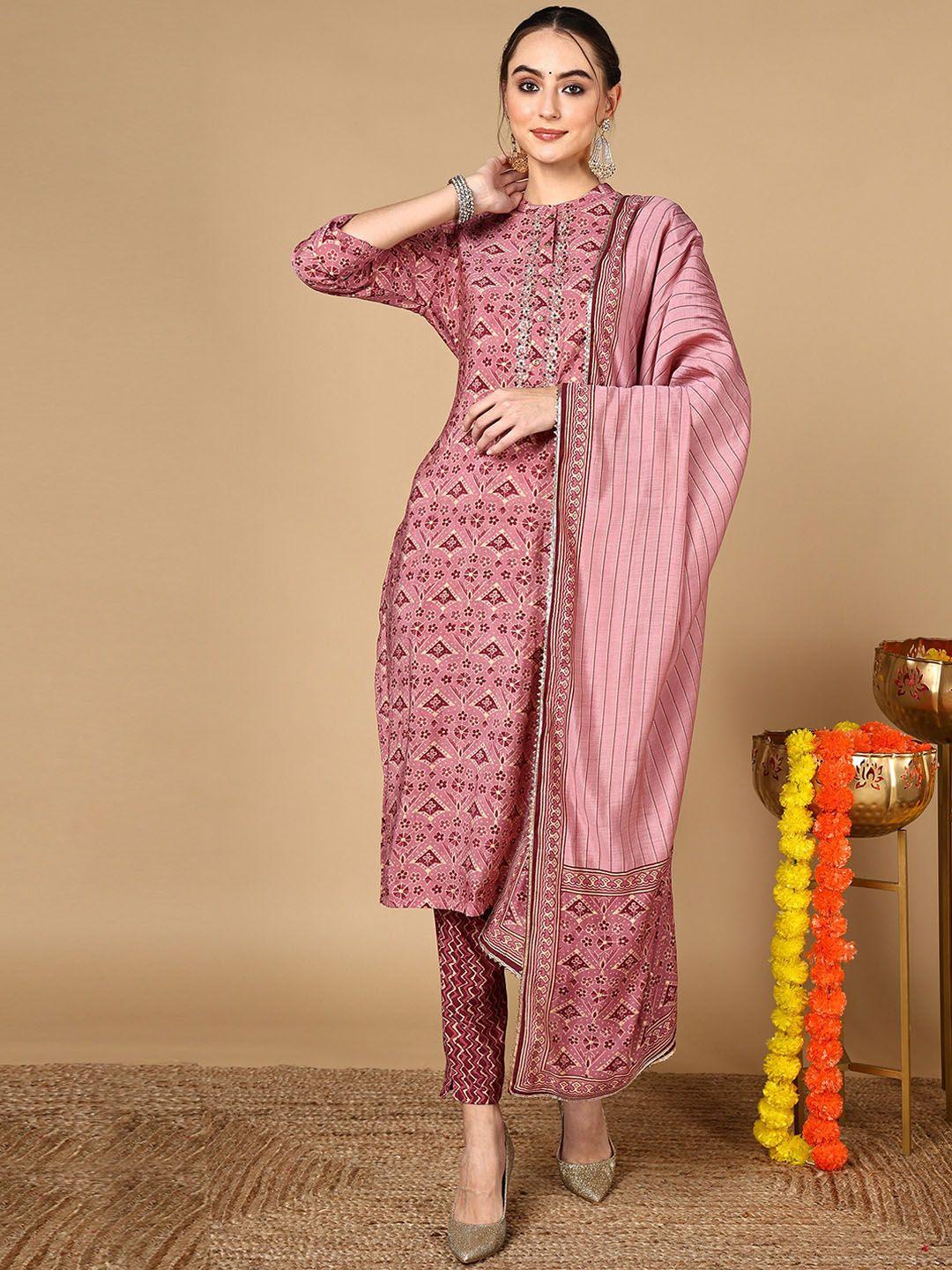 here&now ethnic motifs printed regular thread work kurta with trousers & dupatta