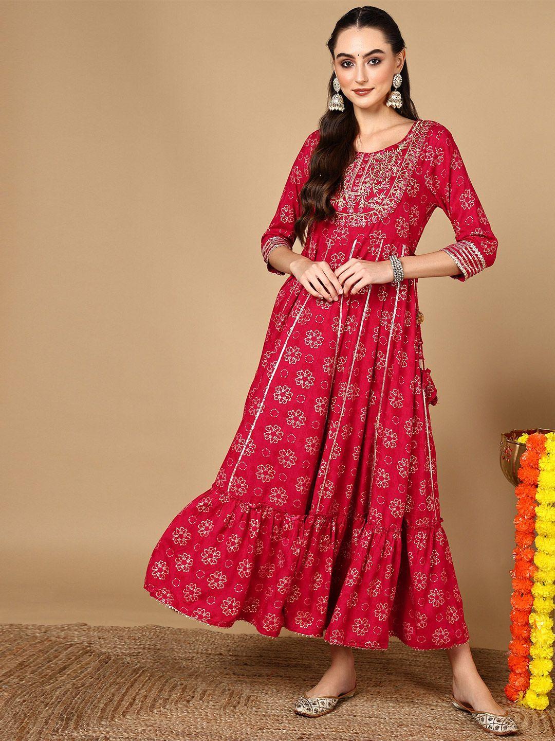 here&now ethnic motifs printed round neck embroidered fit & flare maxi ethnic dress