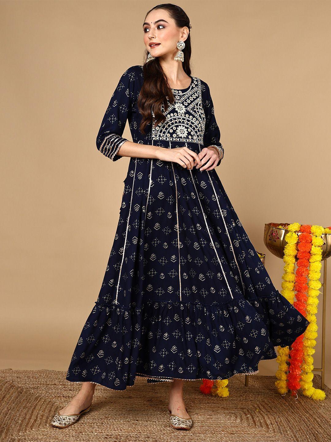 here&now ethnic motifs printed round neck embroidered fit & flare maxi ethnic dress