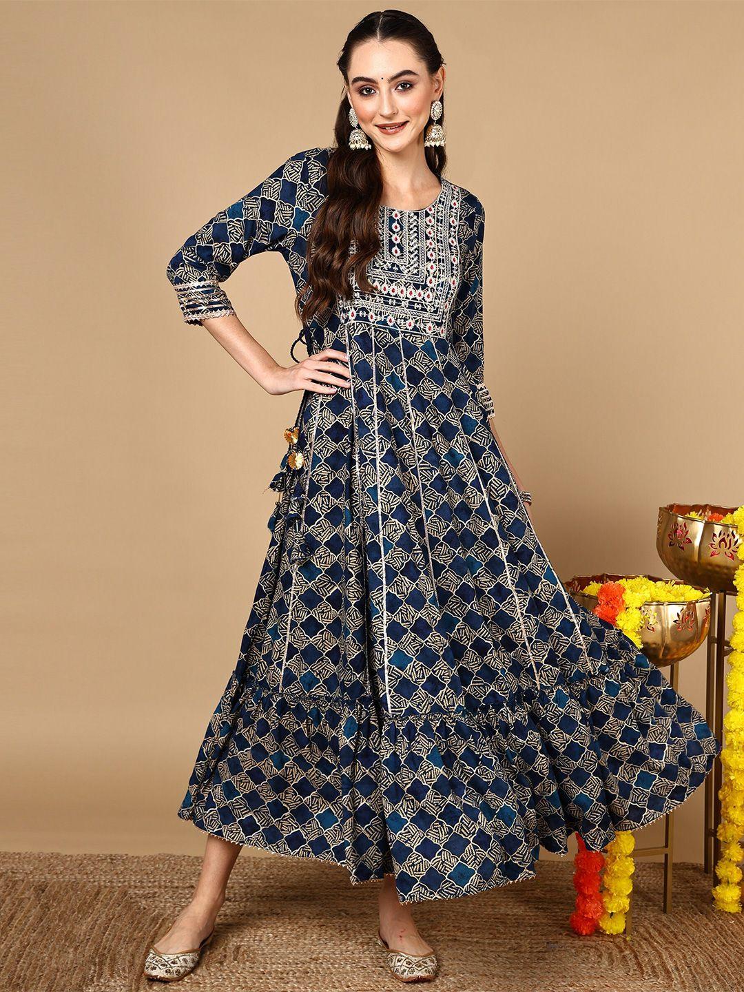 here&now ethnic motifs printed round neck embroidered fit & flare maxi ethnic dress