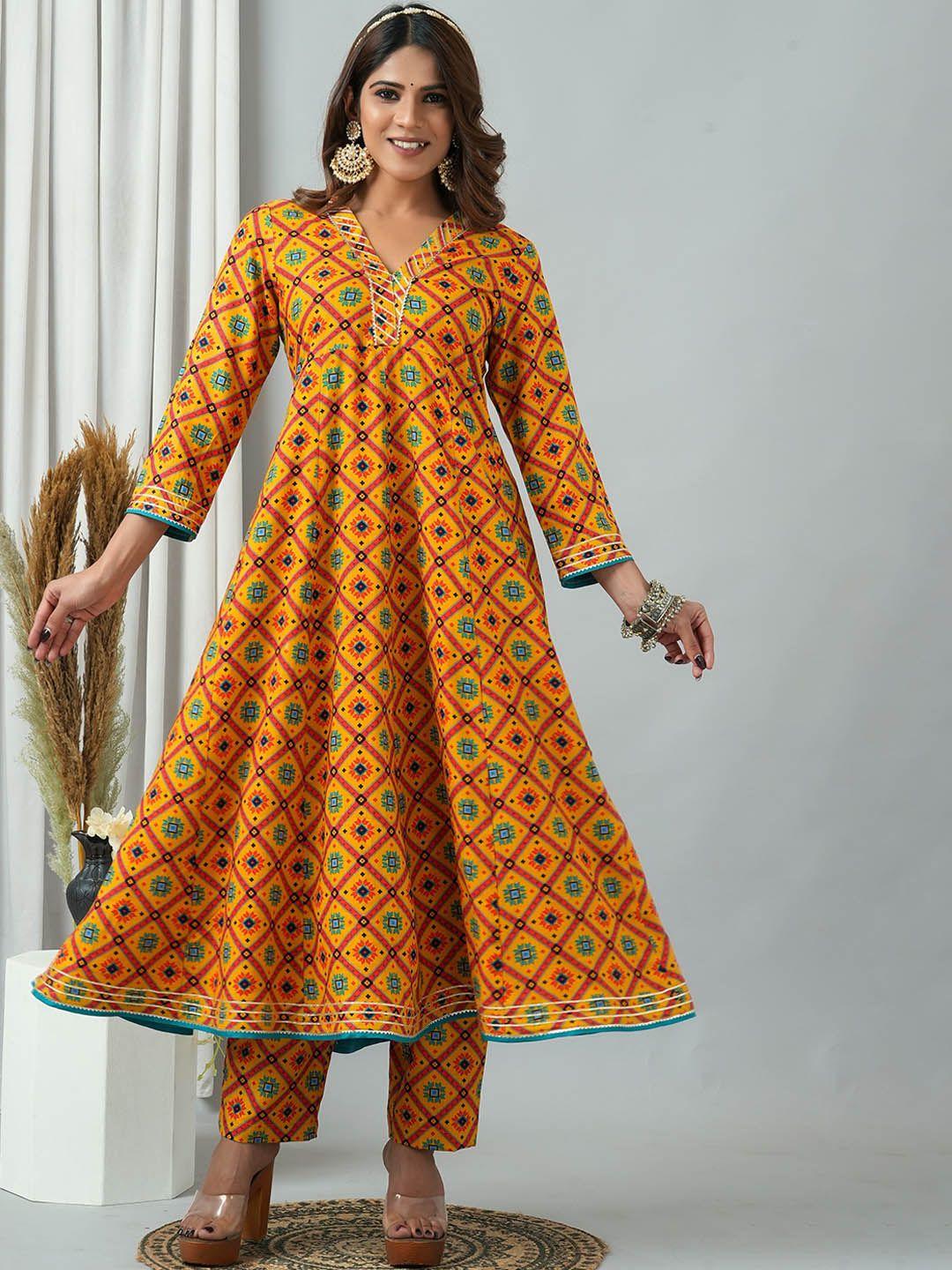 here&now ethnic motifs printed v-neck anarkali kurta with trousers