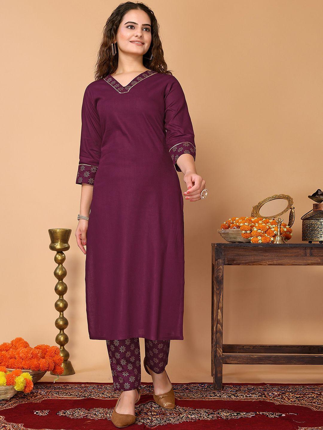 here&now ethnic motifs printed v-neck regular kurta with trousers