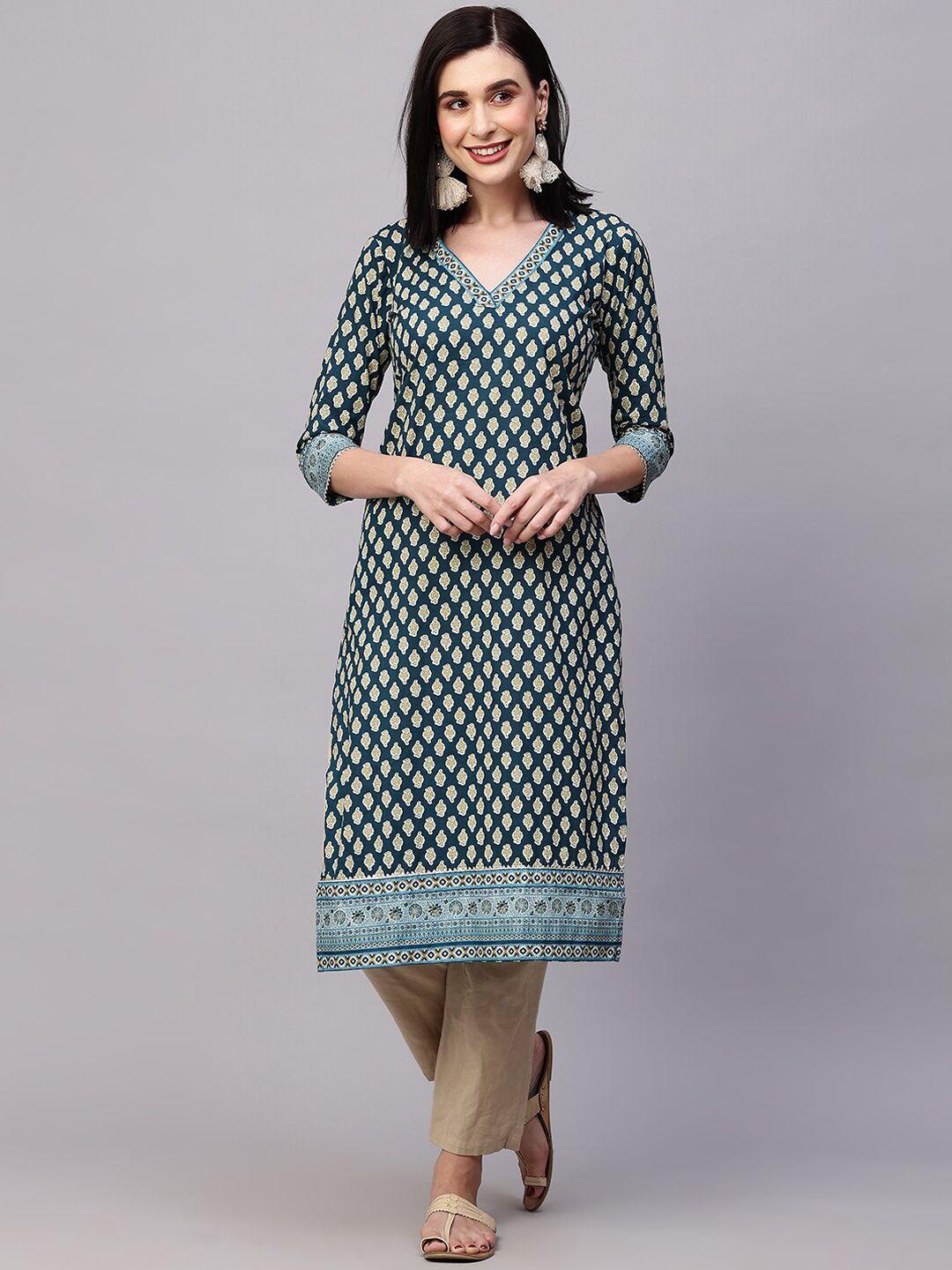 here&now ethnic motifs printed v-neck straight kurta