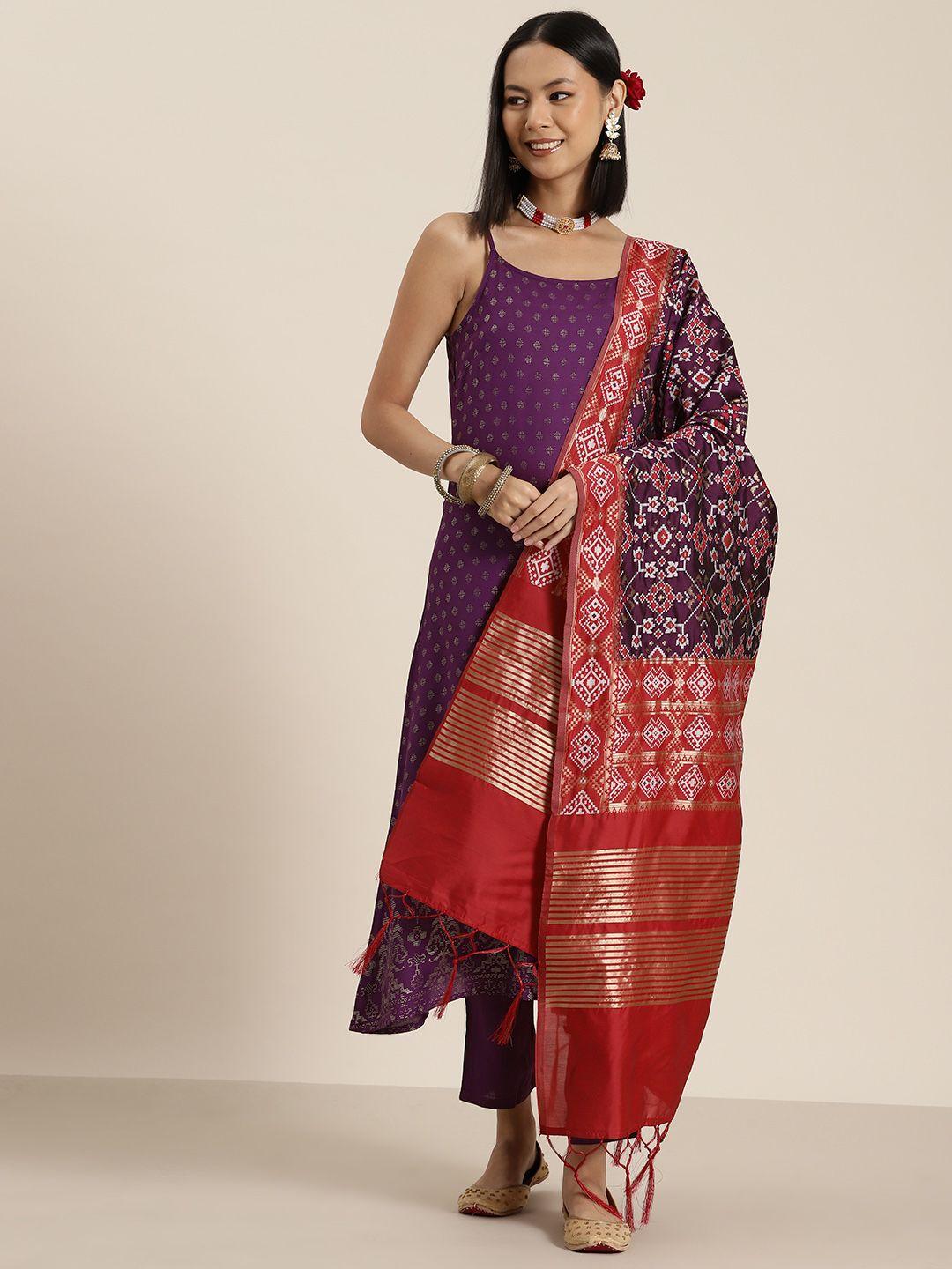 here&now ethnic motifs printed woven design detail kurta with trousers & dupatta