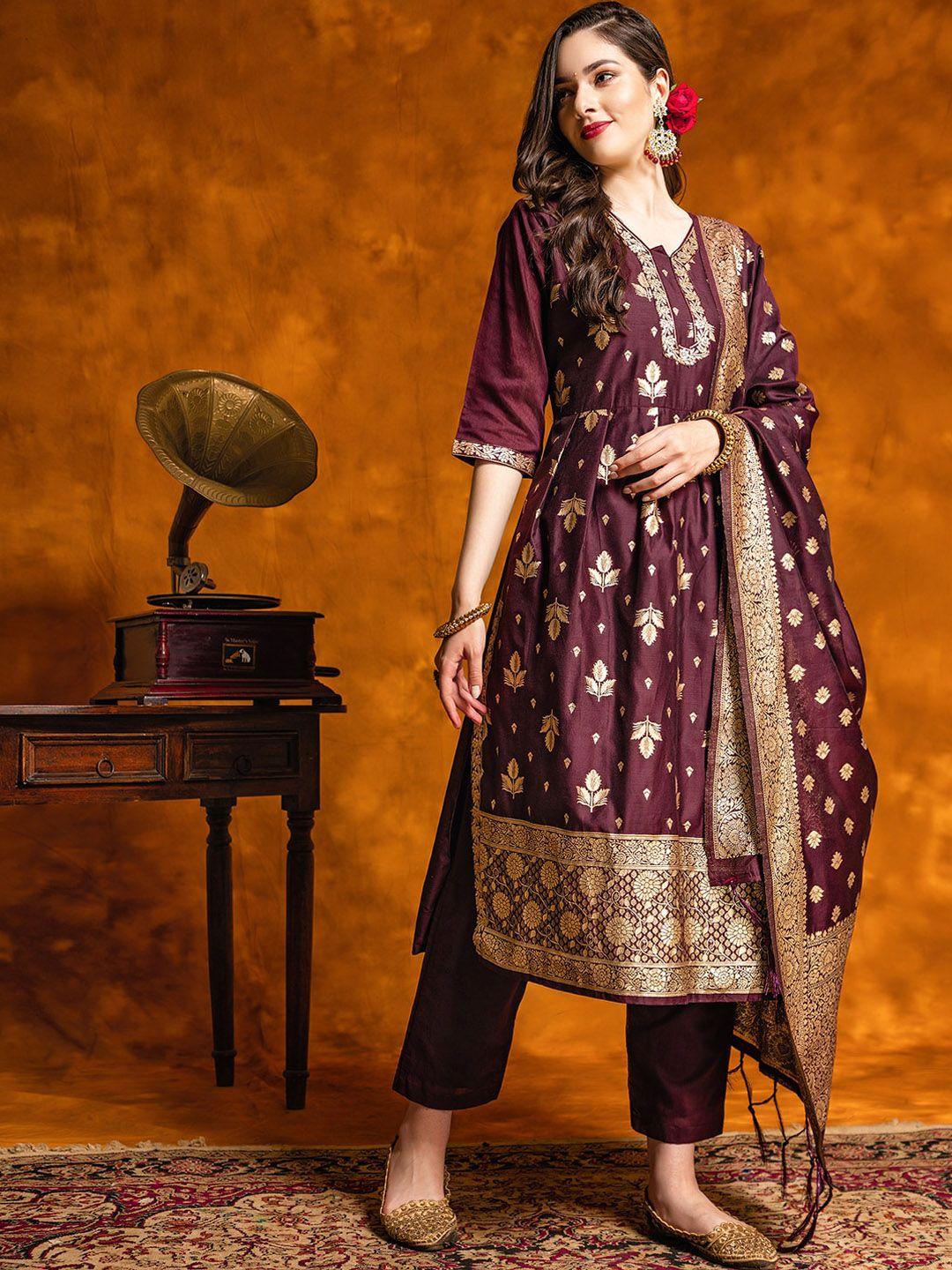 here&now ethnic motifs woven design v-neck empire kurta with trousers & dupatta