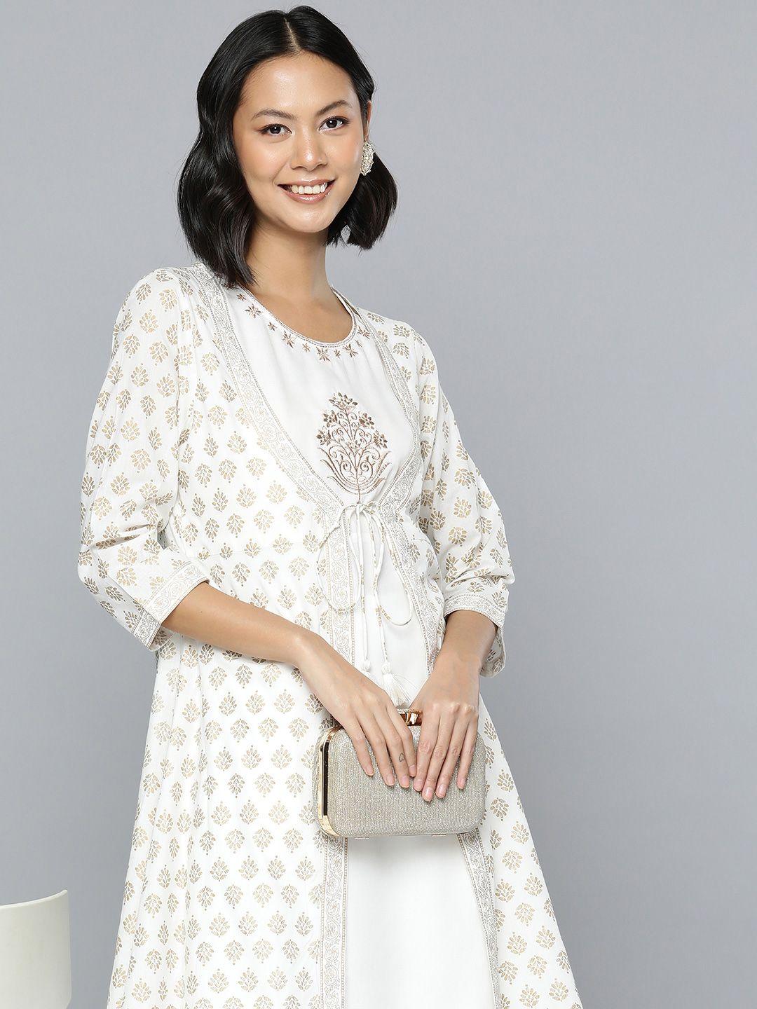 here&now ethnic print & embroidery detail pure cotton kurta set with jacket