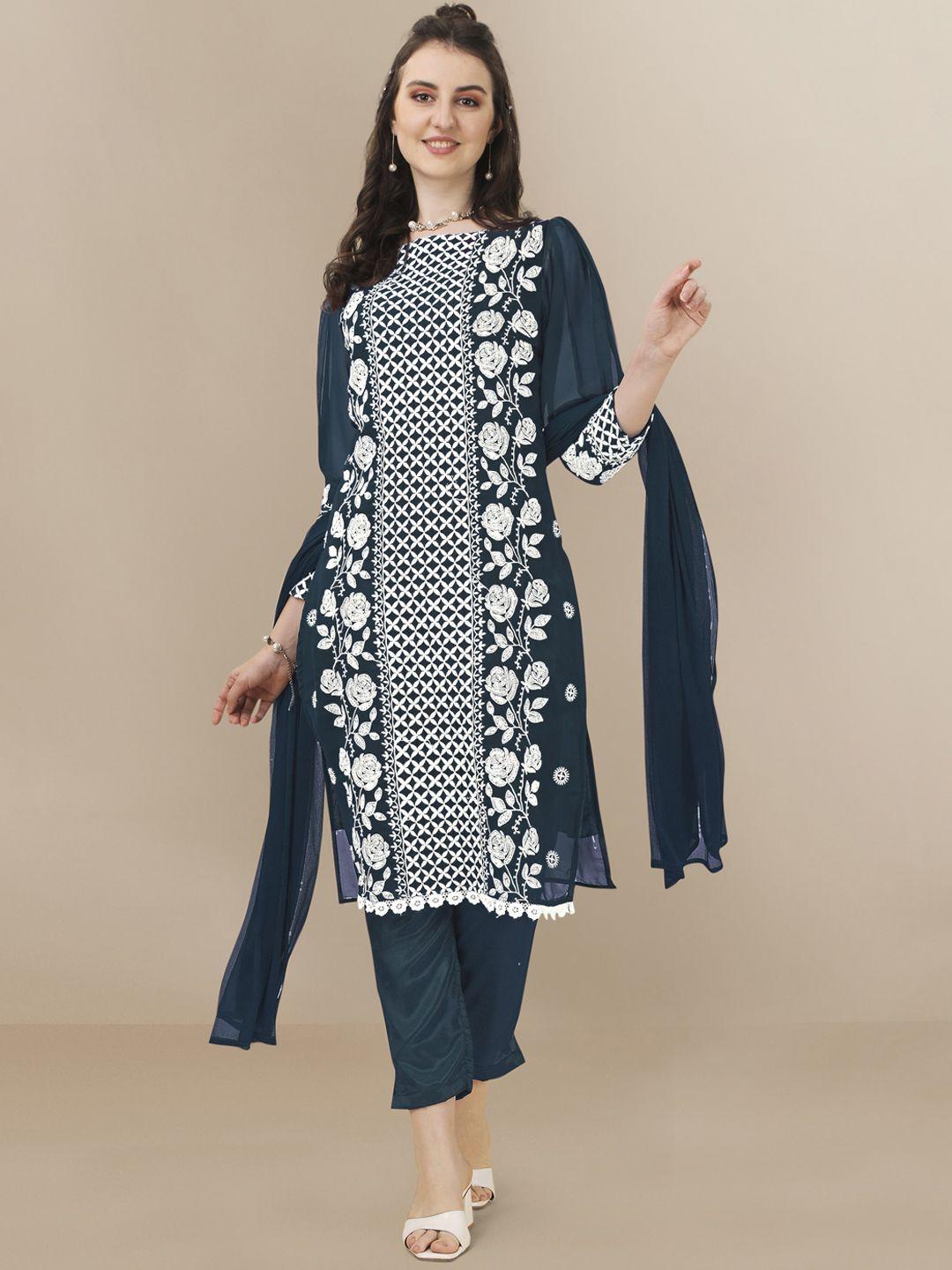 here&now floral embroidered chikankari kurta with trousers & dupatta