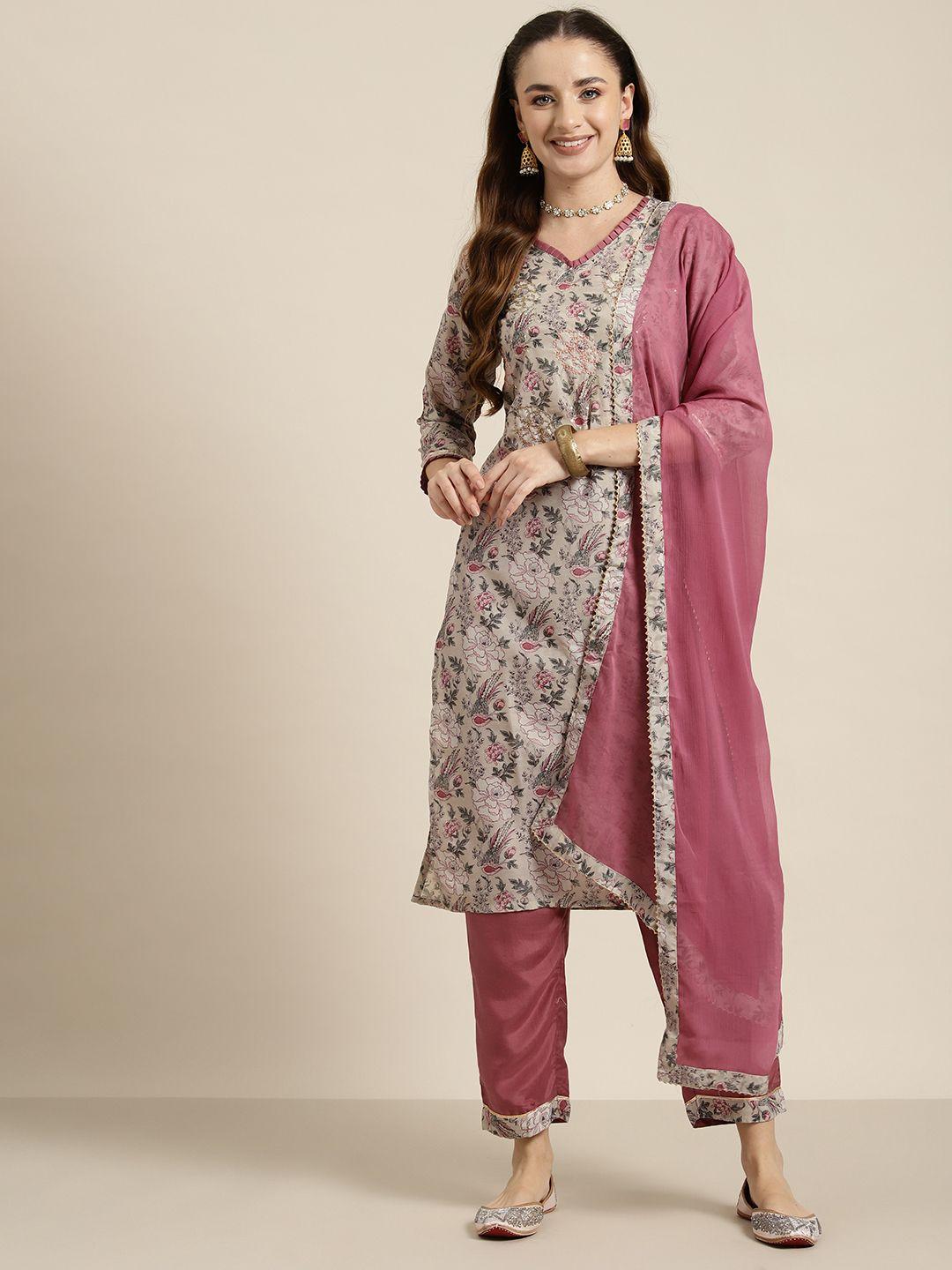 here&now floral embroidered kurta with palazzos & dupatta