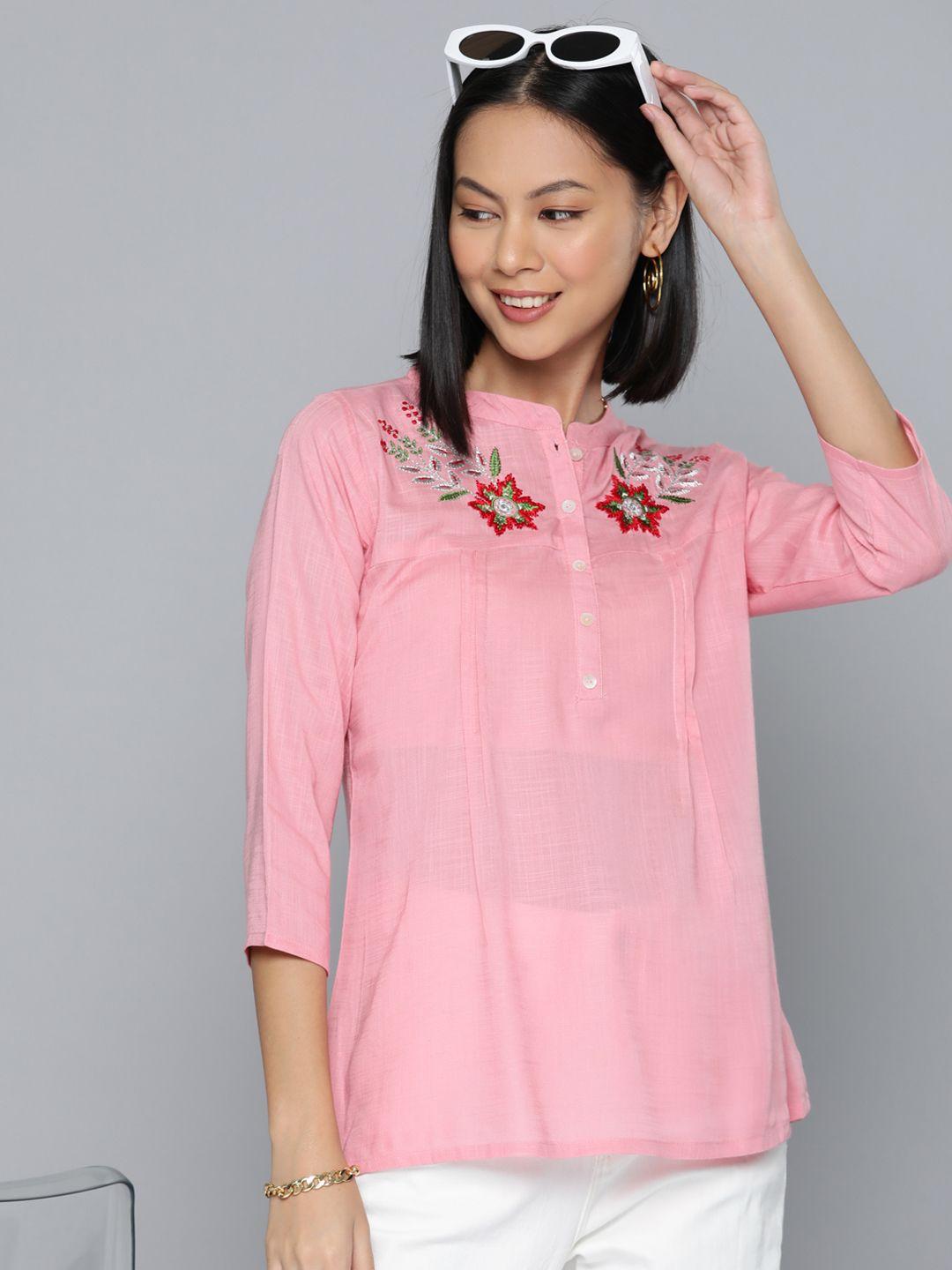 here&now floral embroidered mandarin collar top