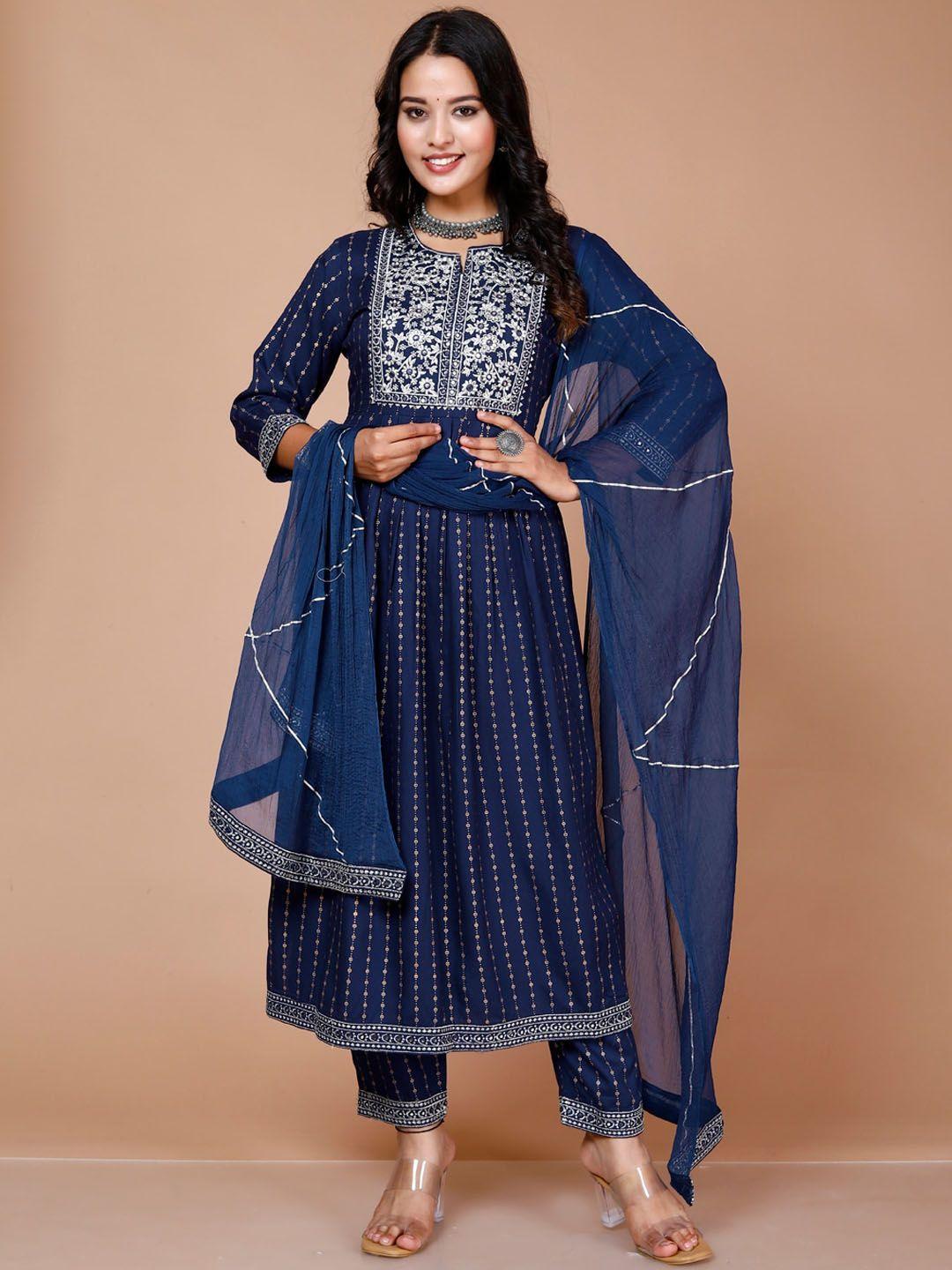 here&now floral embroidered mirror work a-line kurta with trousers & dupatta