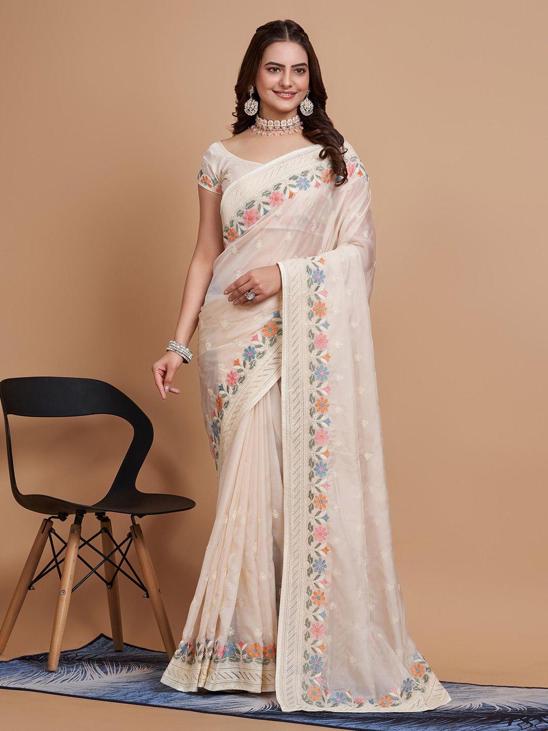 here&now floral embroidered organza saree
