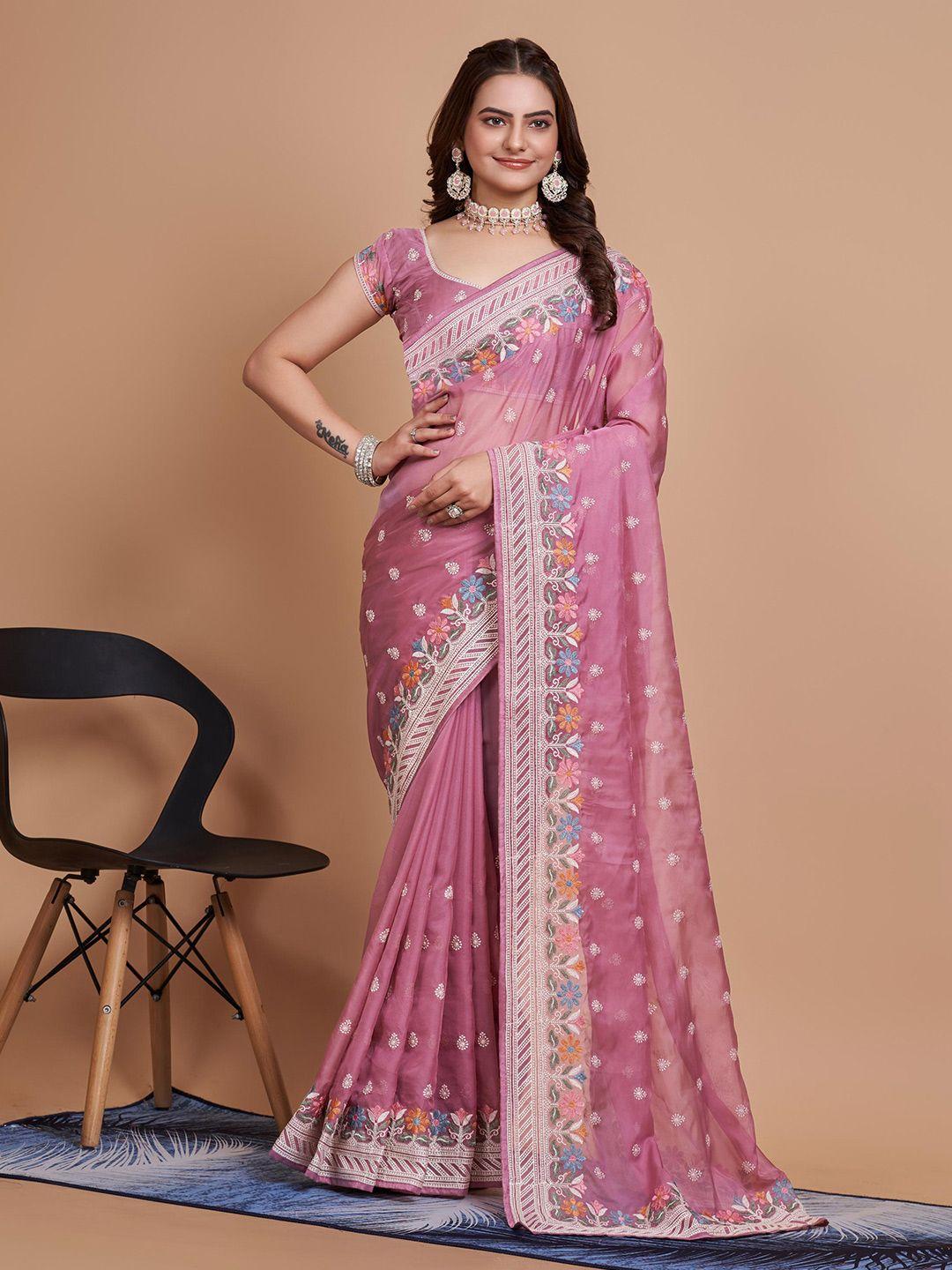 here&now floral embroidered organza saree
