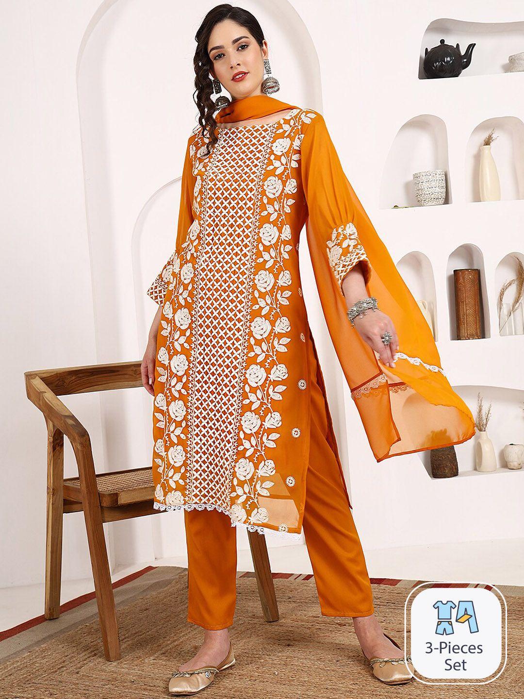 here&now floral embroidered puffed sleeves straight kurta & trousers with dupatta