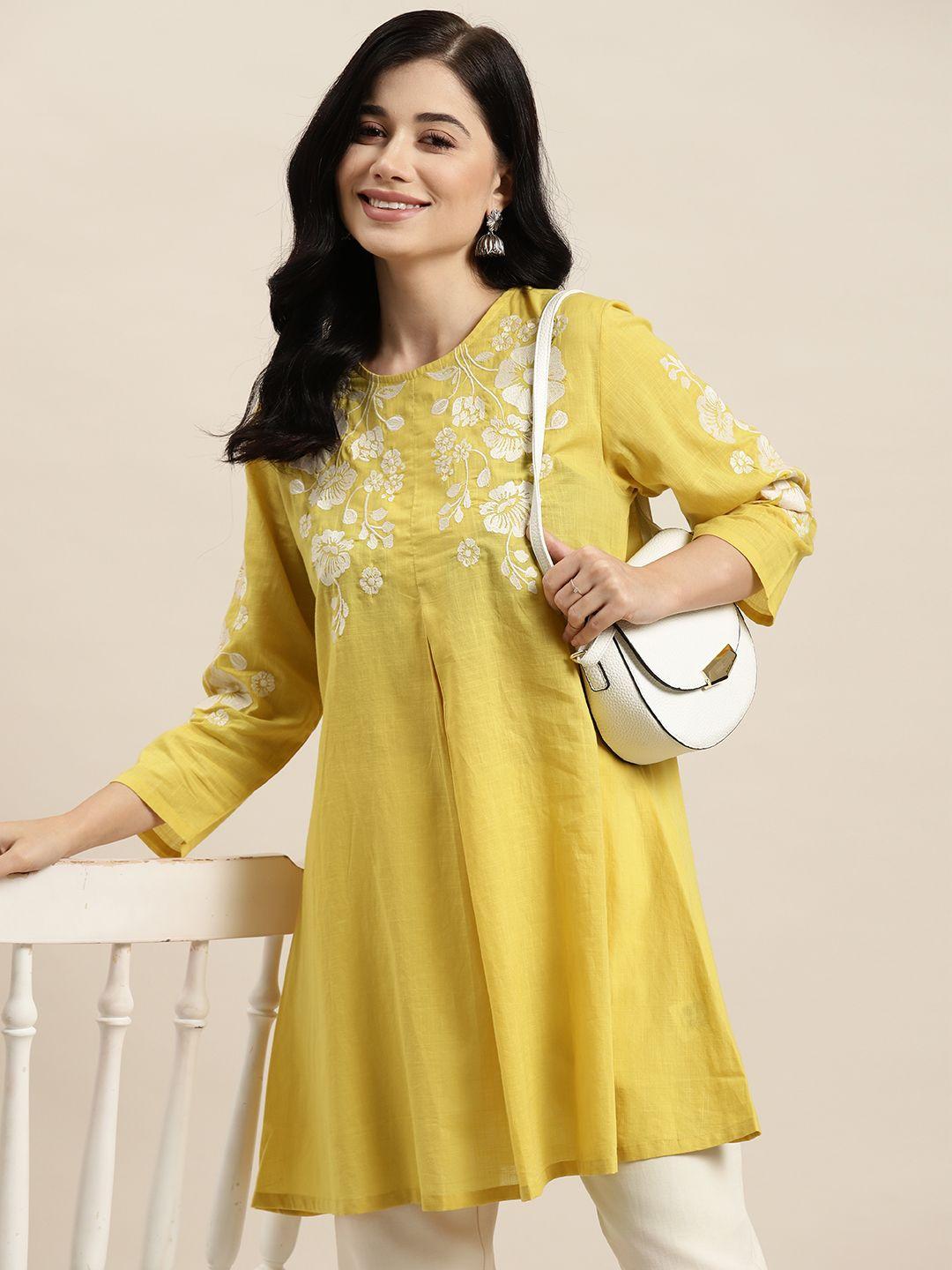 here&now floral embroidered pure cotton pleated a-line kurti
