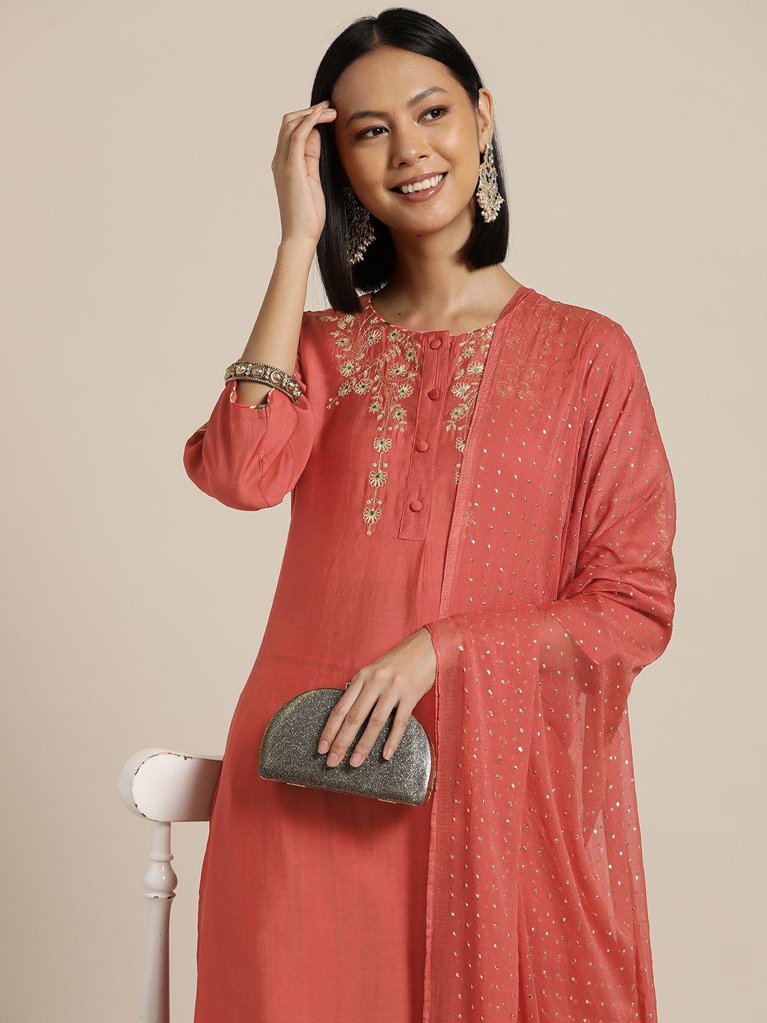 here&now floral embroidered regular kurta with trousers & dupatta