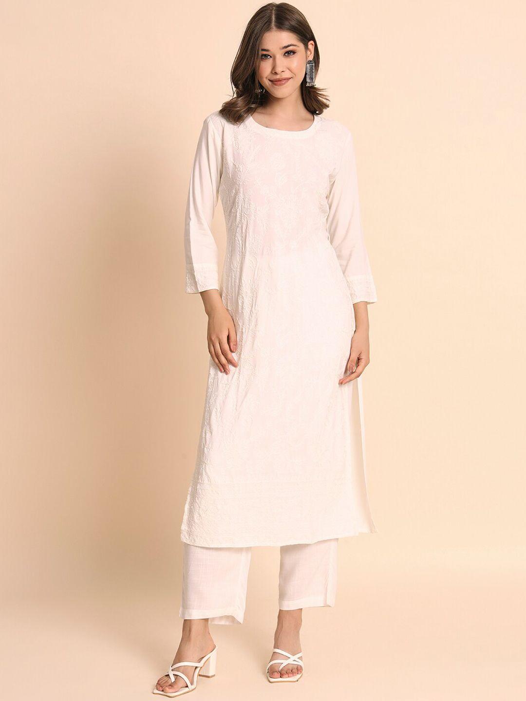 here&now floral embroidered round neck chikankari regular kurta