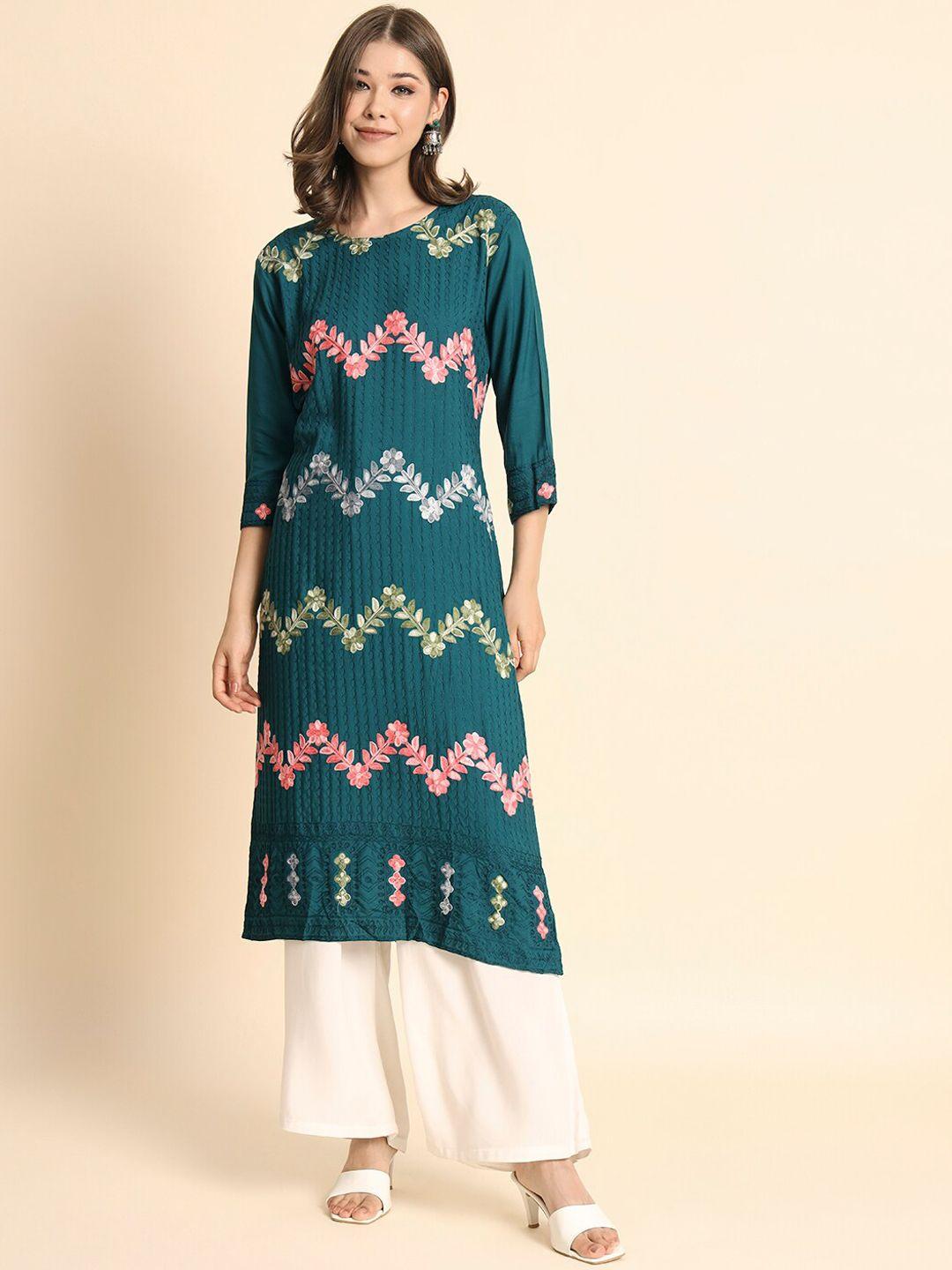 here&now floral embroidered round neck straight kurta