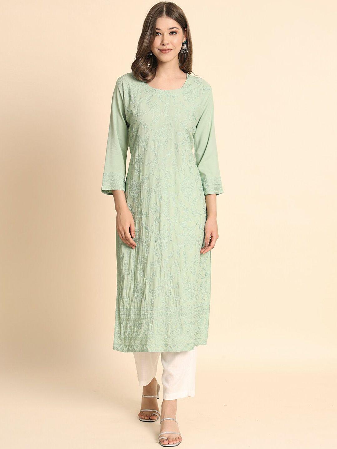 here&now floral embroidered round neck straight kurta