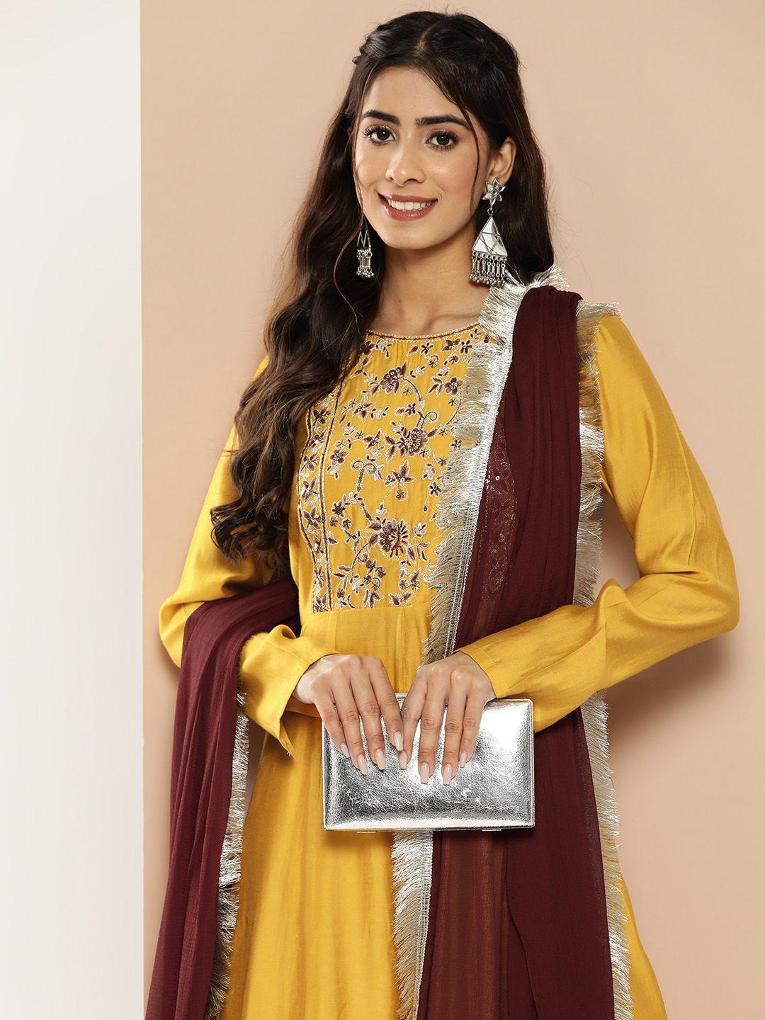 here&now floral embroidered sequinned anarkali kurta with dupatta