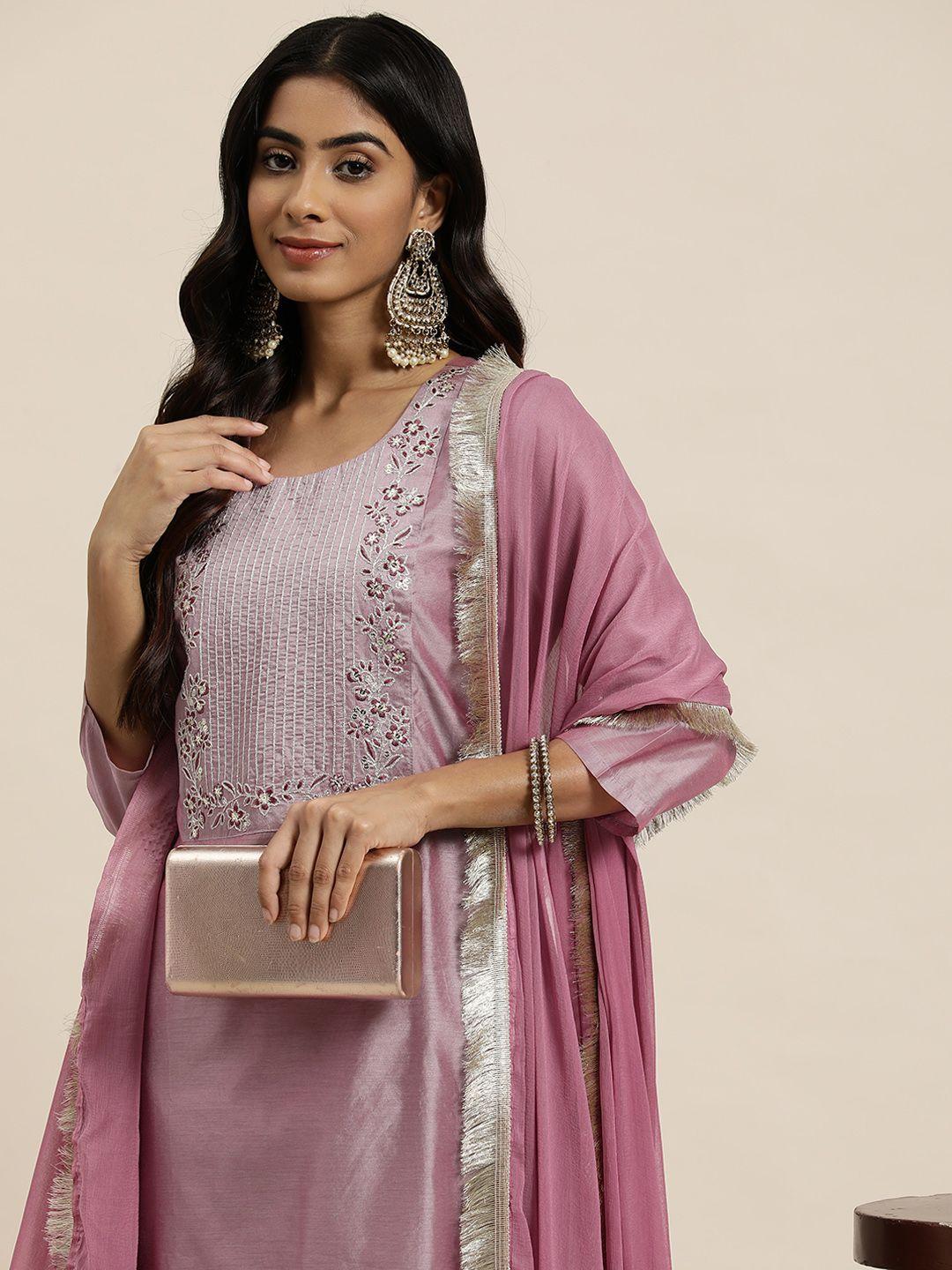 here&now floral embroidered sequinned chanderi silk kurta with trousers & dupatta