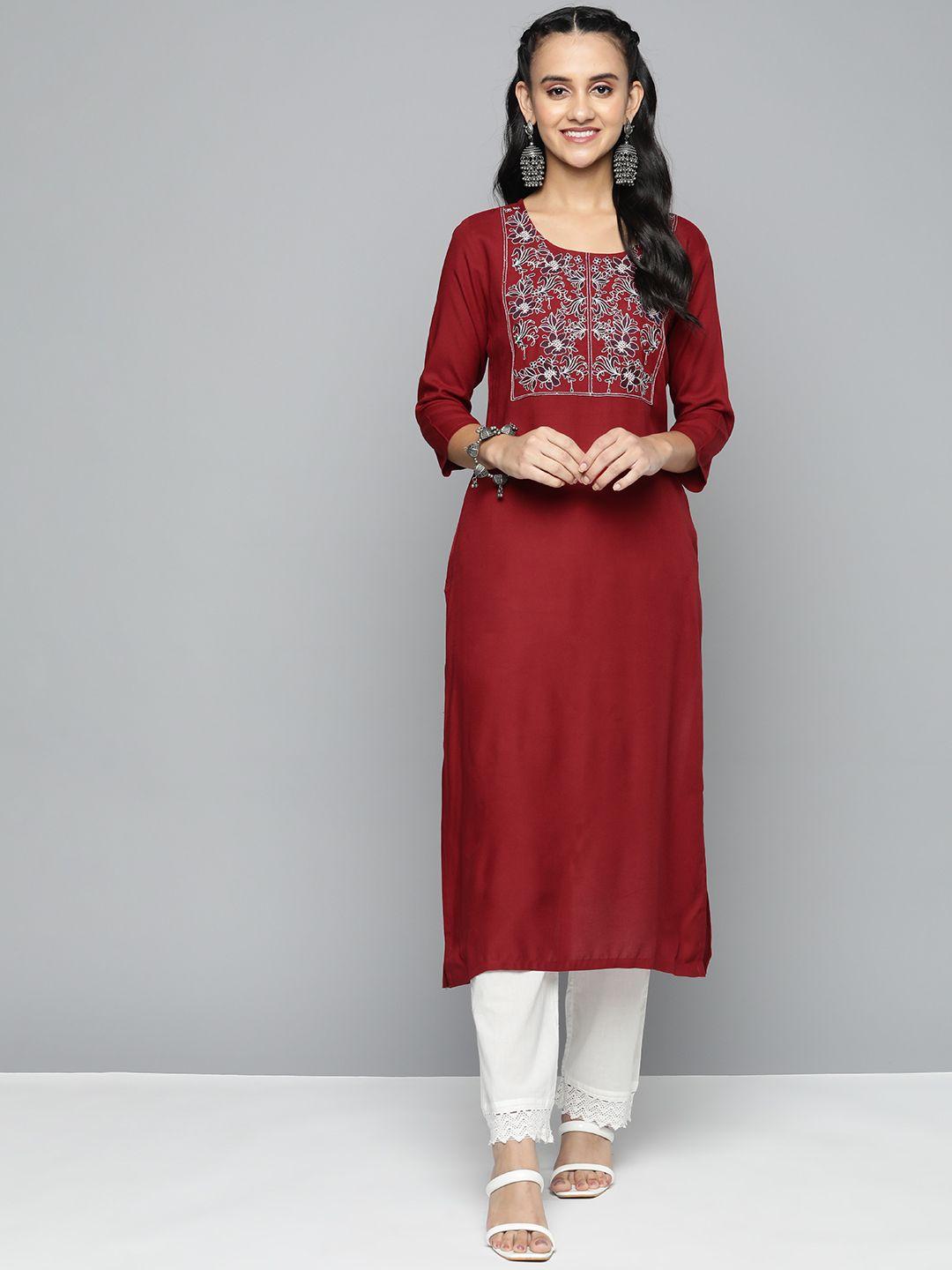 here&now floral embroidered straight kurta