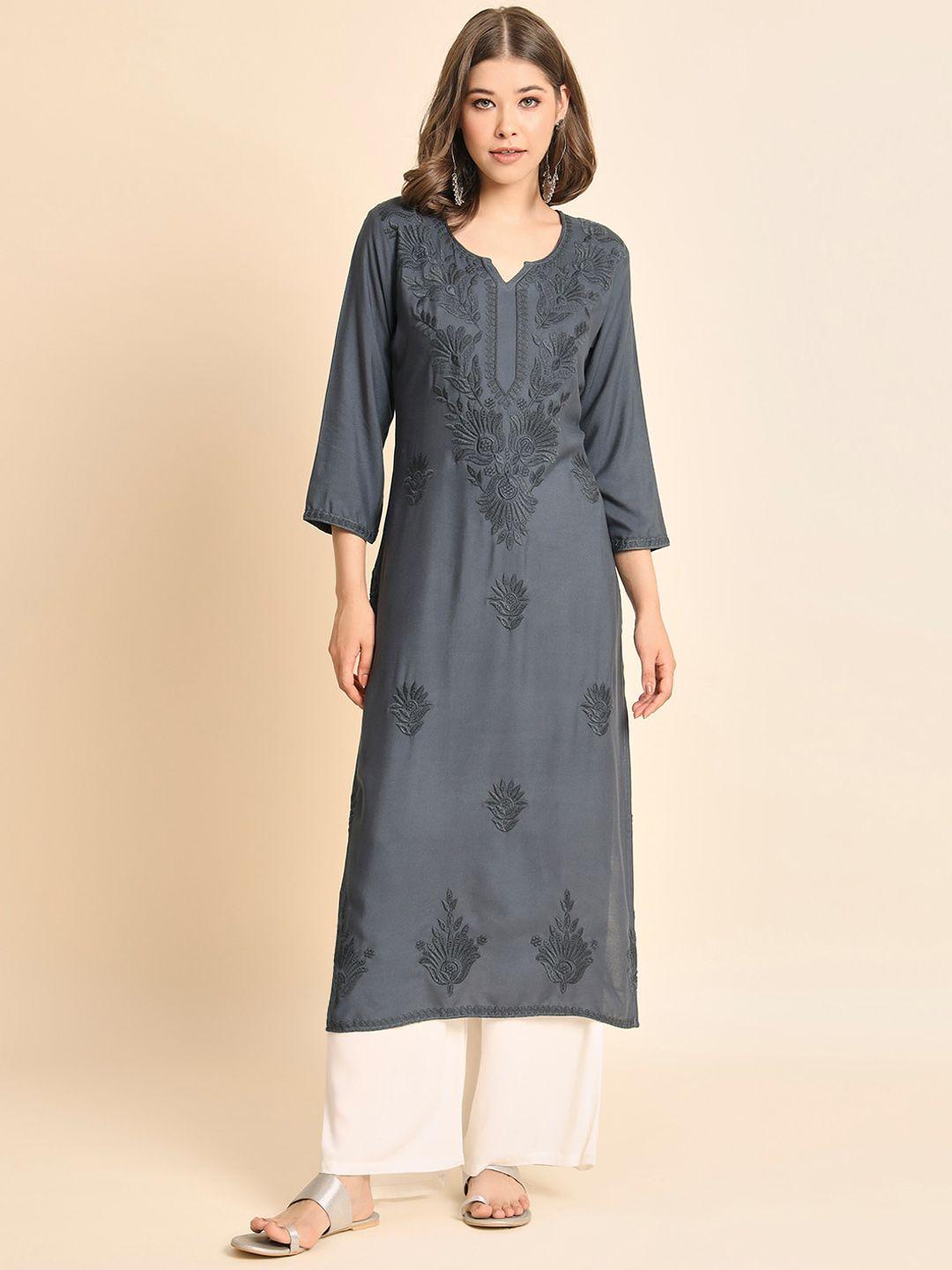 here&now floral embroidered thread work straight kurta